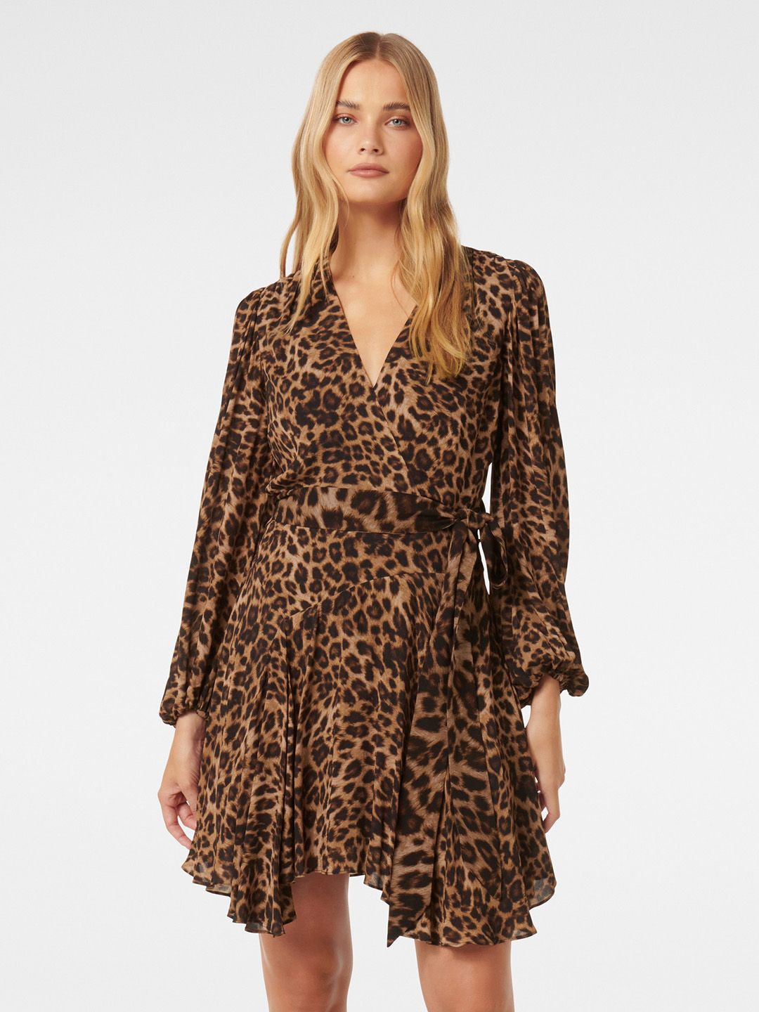 

Forever New Animal Print Bell Sleeve Wrap Mini Dress, Brown