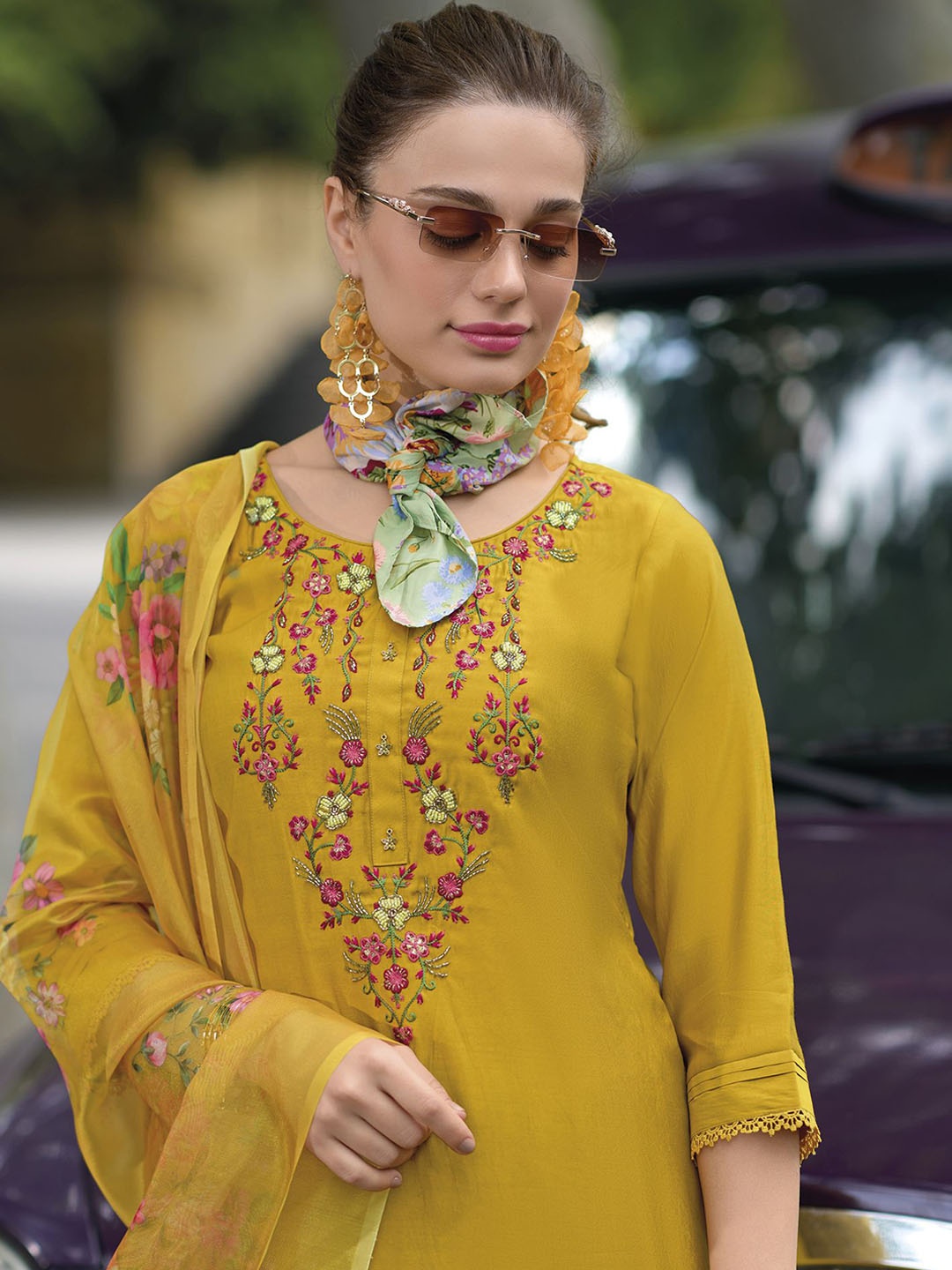 

MOJILAA Floral Yoke Design Beads & Stones Straight Kurta with Salwar & Dupatta, Mustard