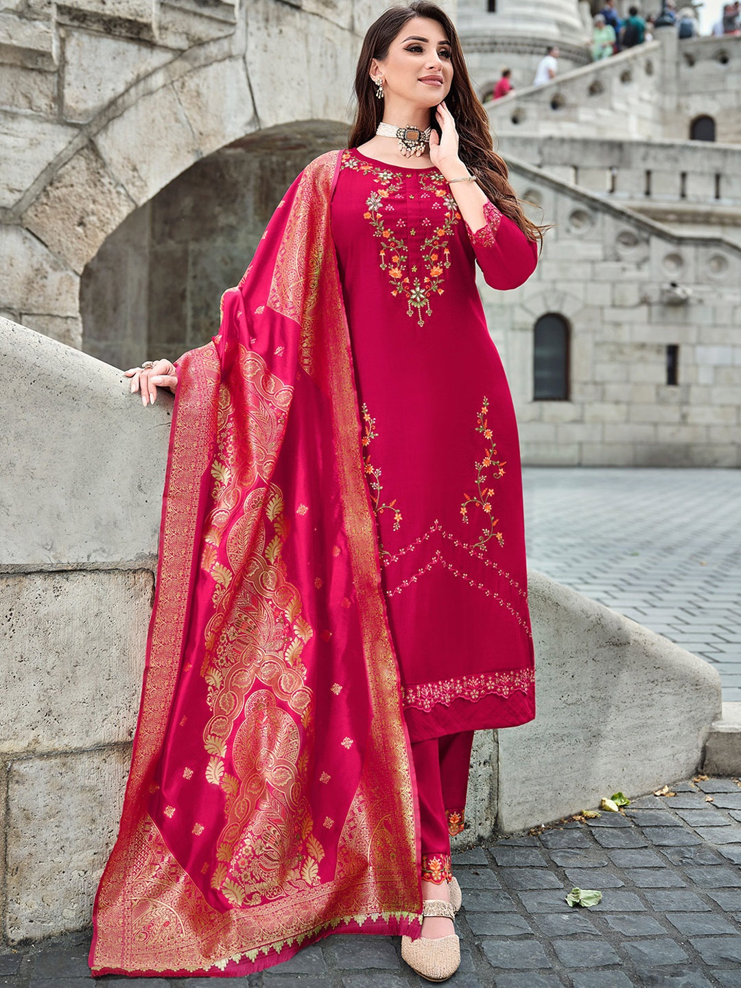 

MOJILAA Floral Embroidered Beads and Stones Straight Kurta with Trousers & Dupatta, Pink