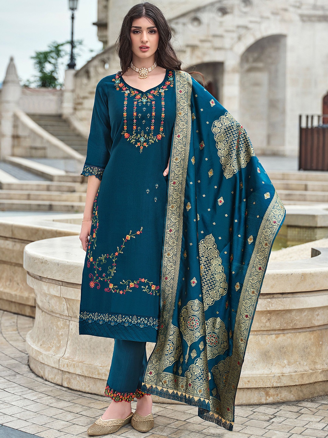 MOJILAA Floral Embroidered Straight Kurta with Trousers & Dupatta, Teal