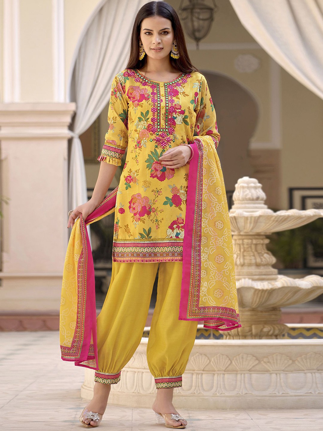 

MOJILAA Floral Regular Mirror Work Silk Chiffon Straight Kurta with Salwar & With Dupatta, Yellow