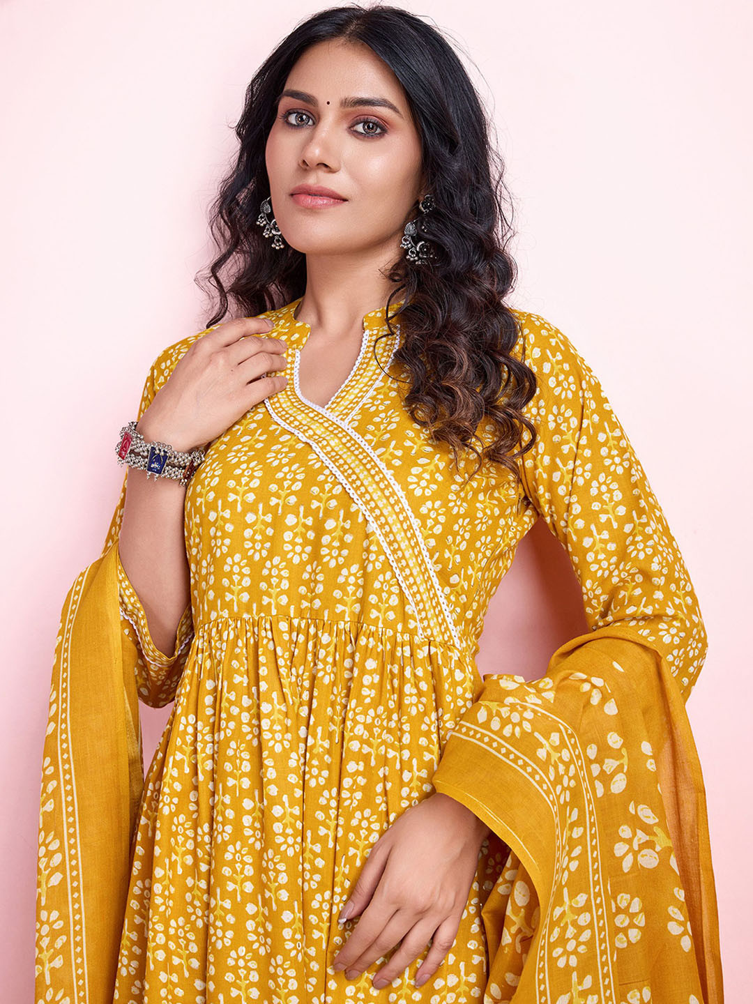 

MOJILAA Floral Printed Pure Cotton Angrakha Anarkali Kurta with Palazzos & Dupatta, Yellow
