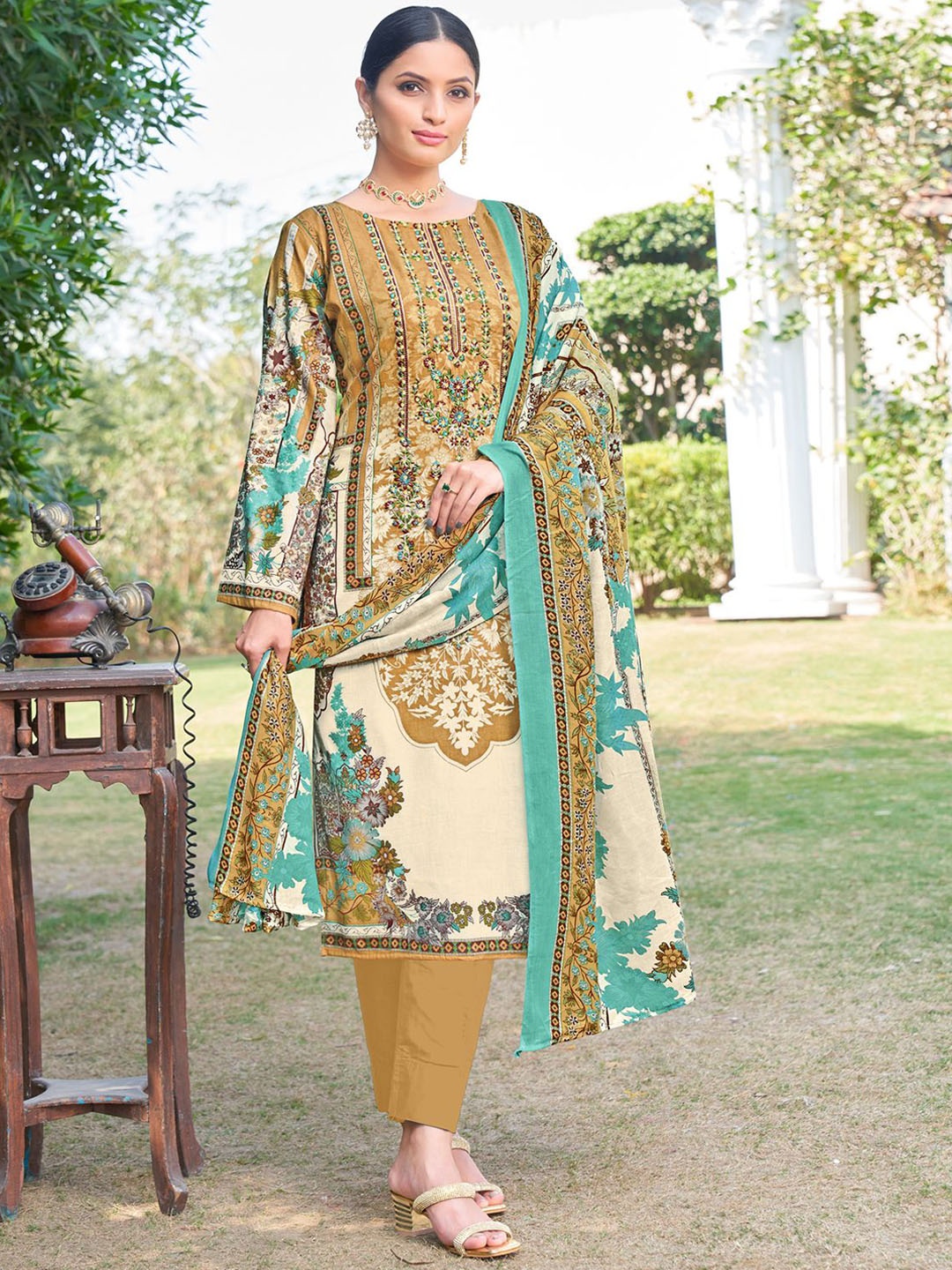 

MOJILAA Floral Embroidered Pure Cotton Pakistani Style Kurta with Trousers & Dupatta, Mustard