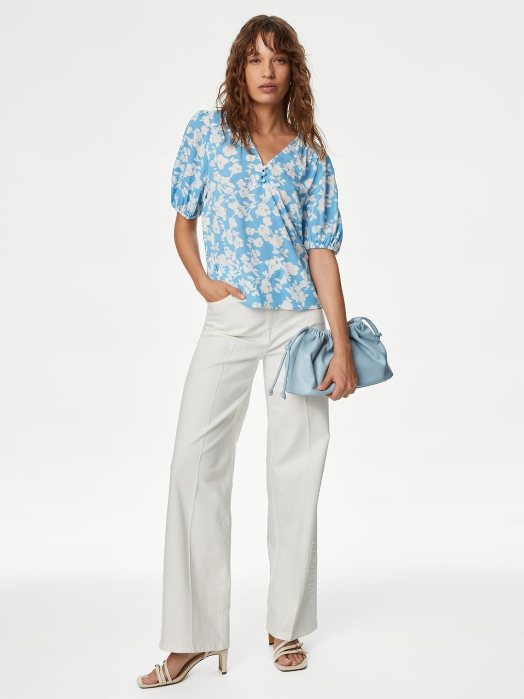 

Marks & Spencer Floral Print Roll-Up Sleeves Blouson Top, Blue