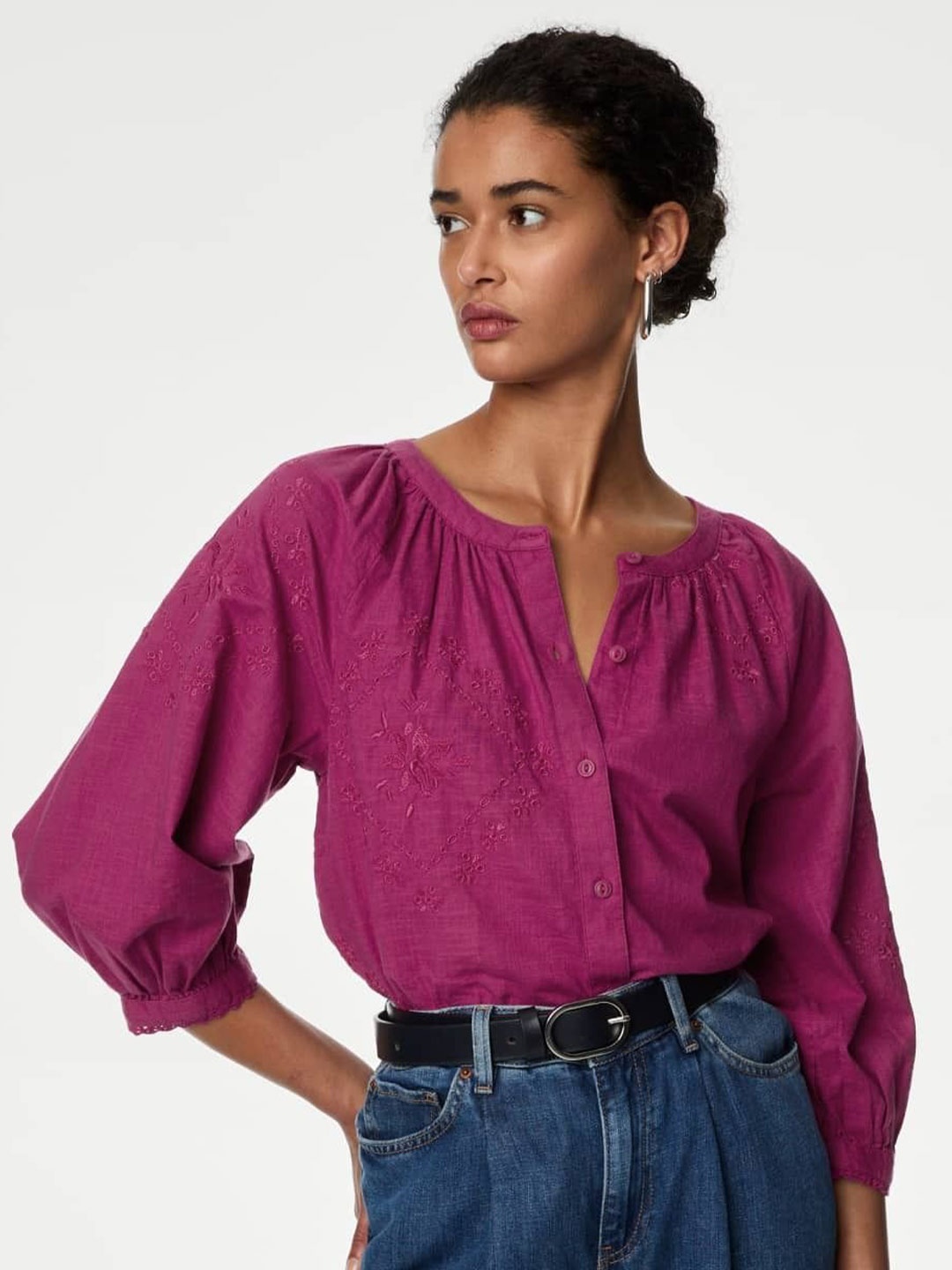 

Marks & Spencer Puff Sleeve Cotton Top, Fuchsia