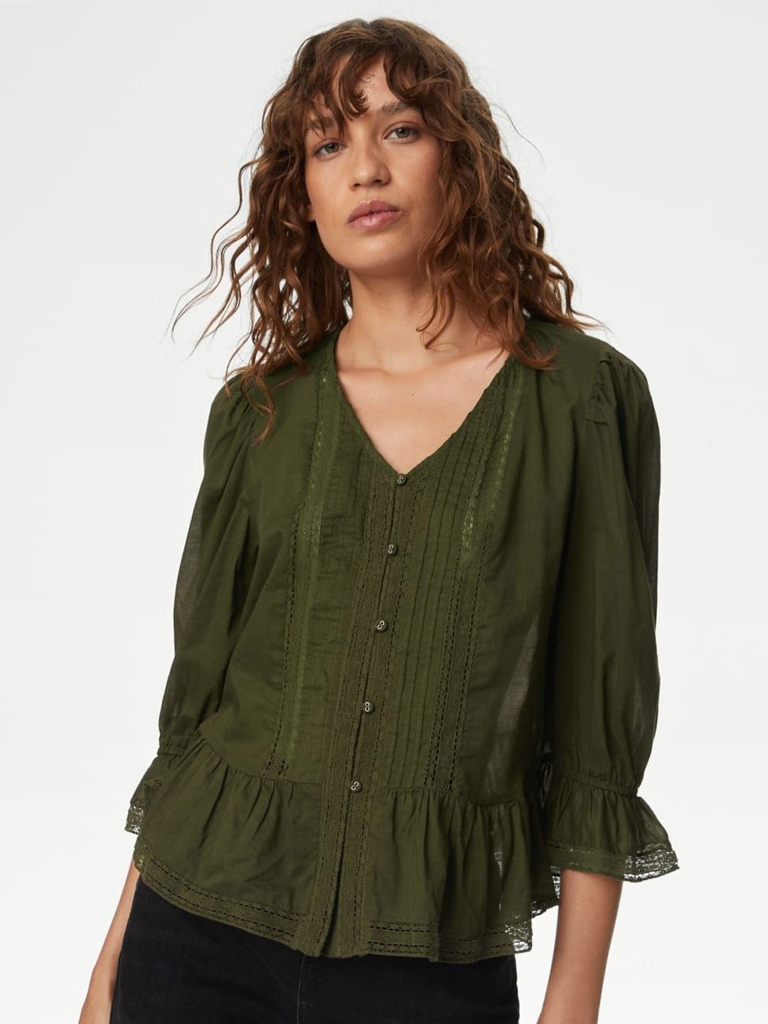 

Marks & Spencer Cotton V-Neck Three-Quarter Sleeves Top, Green