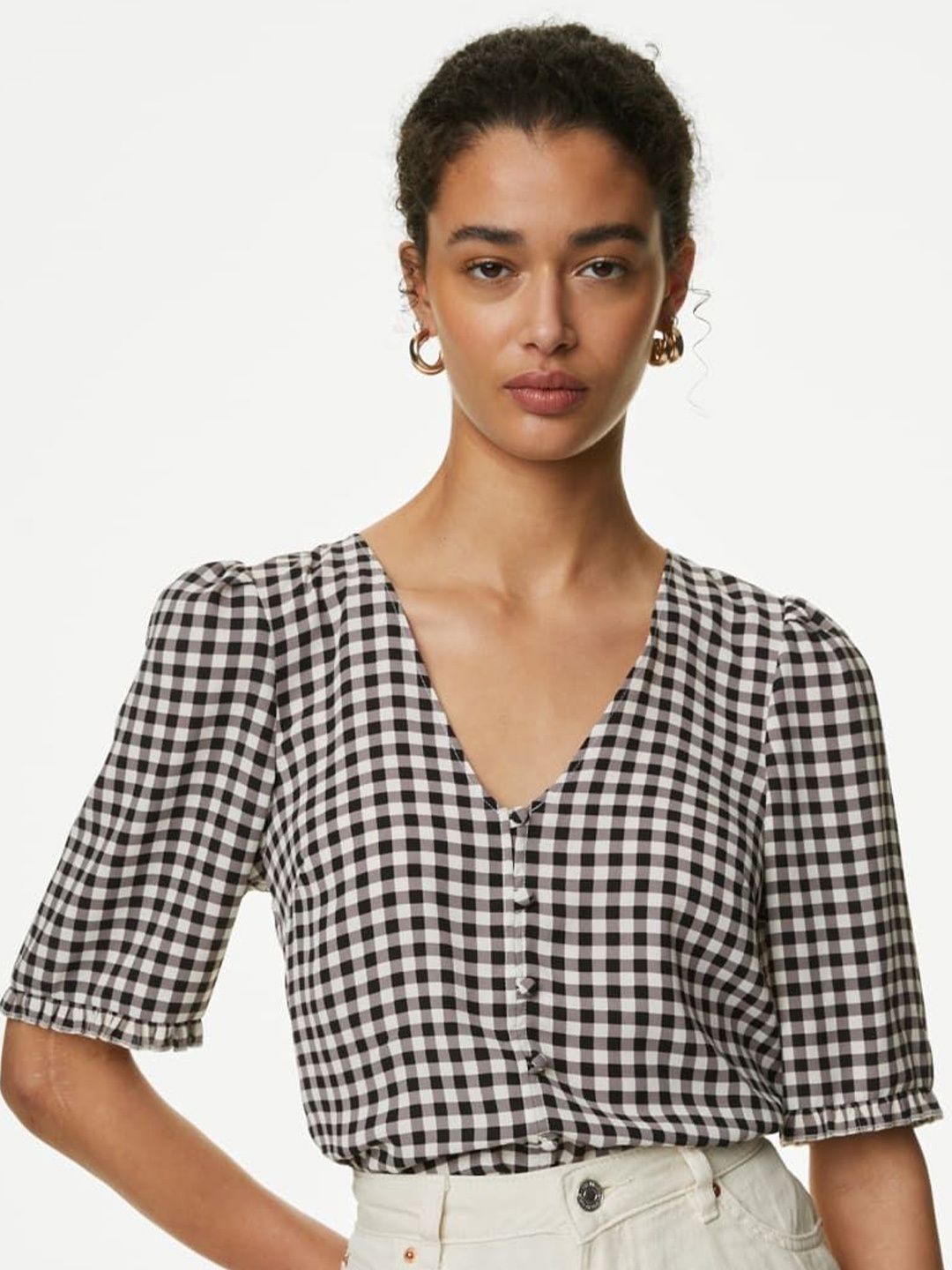 

Marks & Spencer Checked V-Neck Puff Sleeve Top, Black