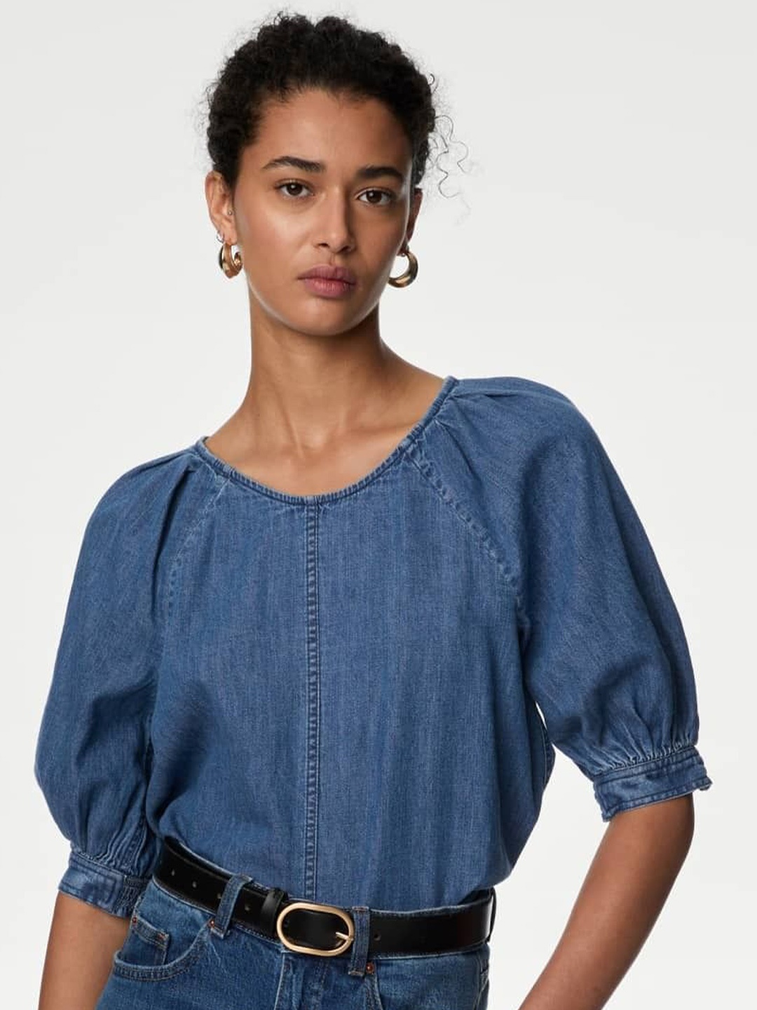 

Marks & Spencer Puff Sleeve Cotton Top, Blue