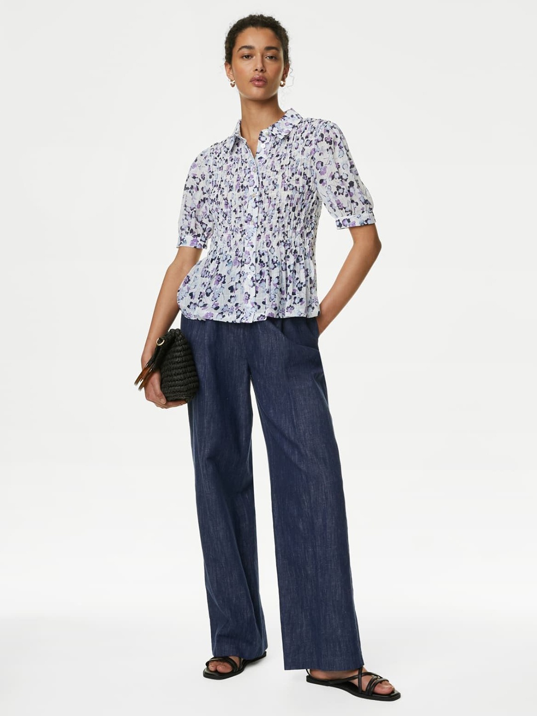 

Marks & Spencer Floral Print Mandarin Collar Shirt Style Top, Off white