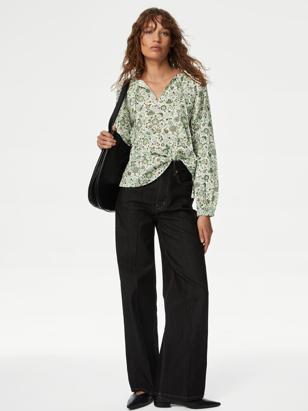 

Marks & Spencer Floral Print Cotton Wrap Top, Green