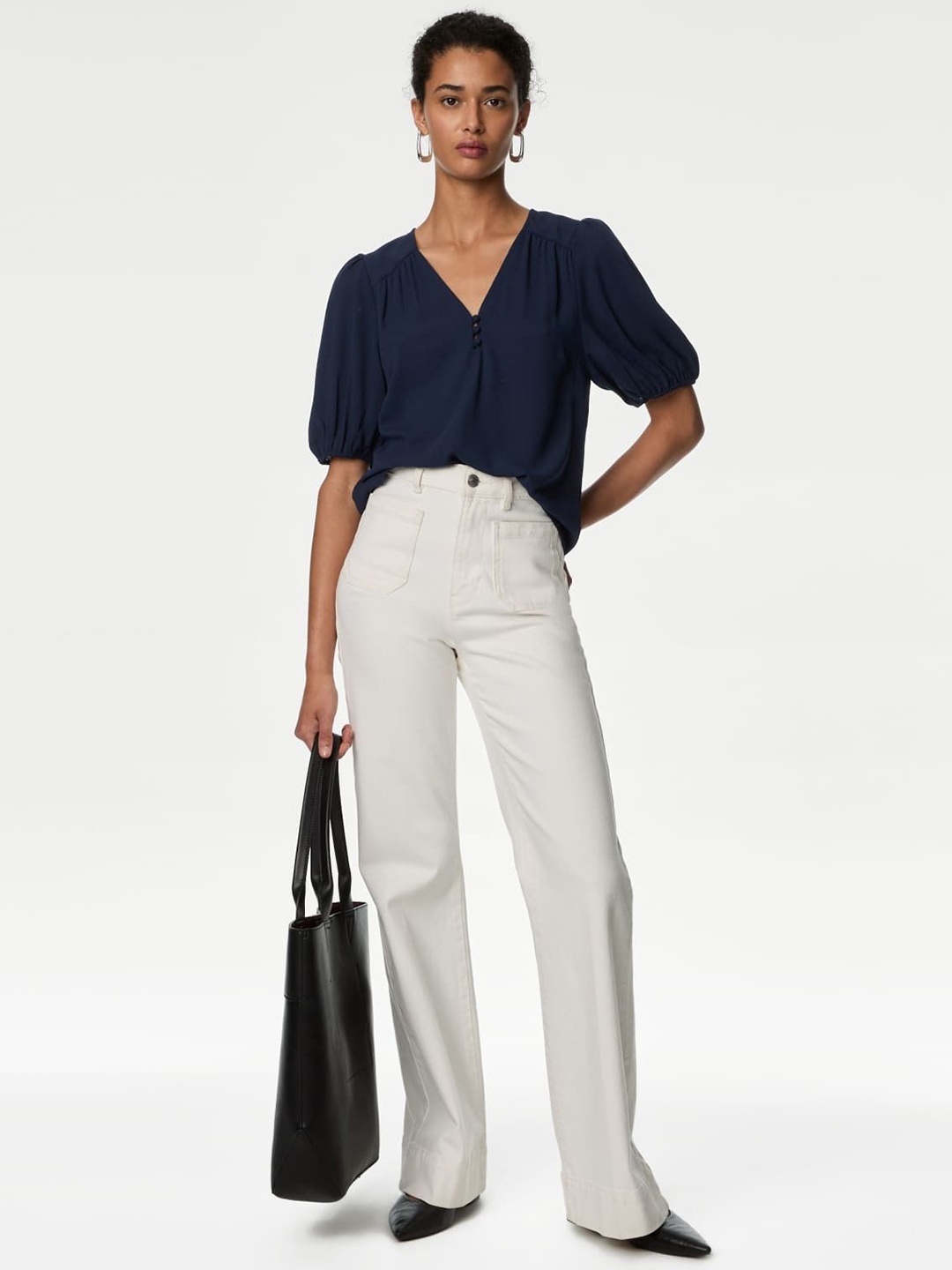 

Marks & Spencer Women V-Neck Short Sleeves Top, Navy blue