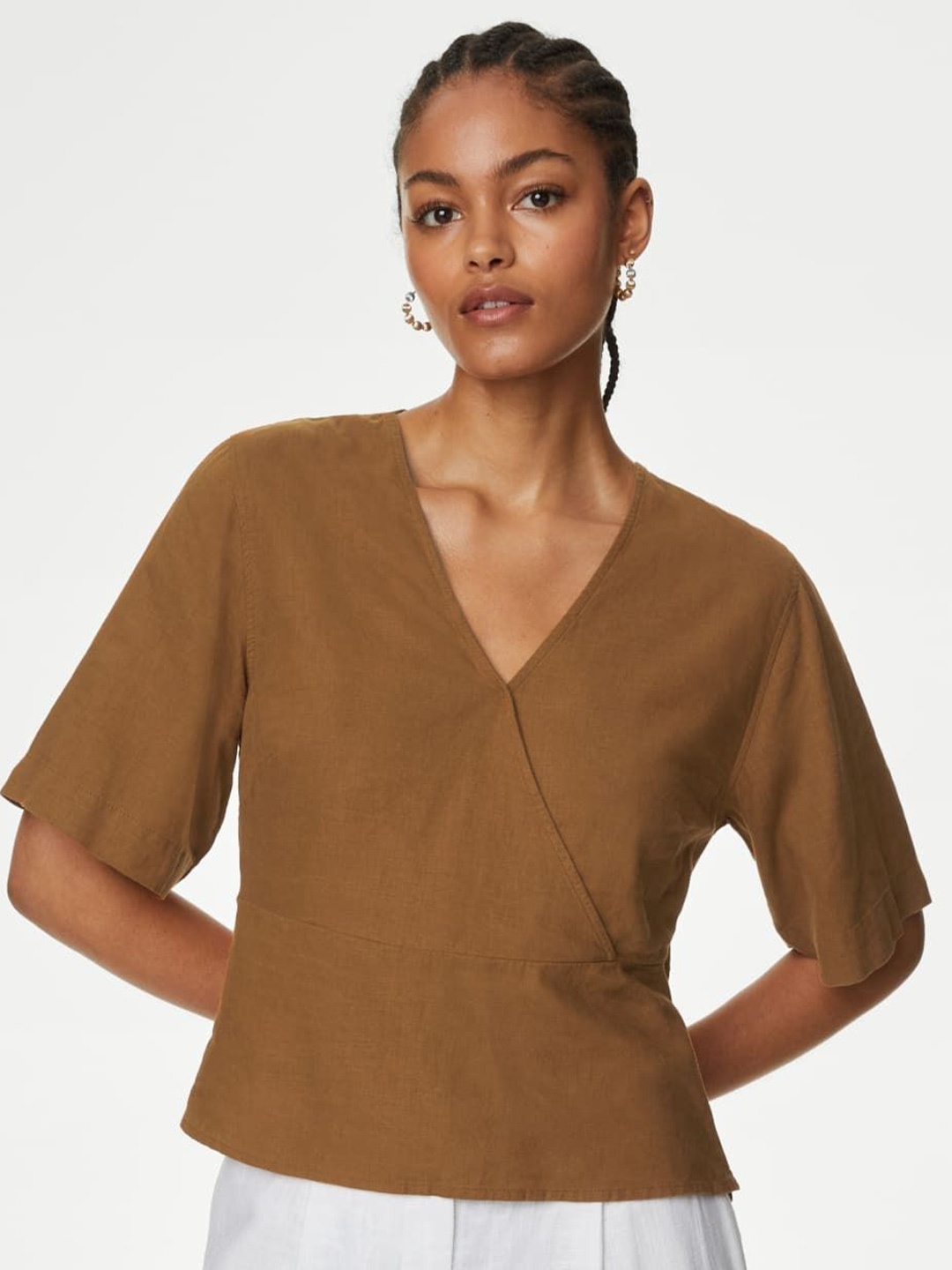

Marks & Spencer Women V-Neck Linen Wrap Top, Brown