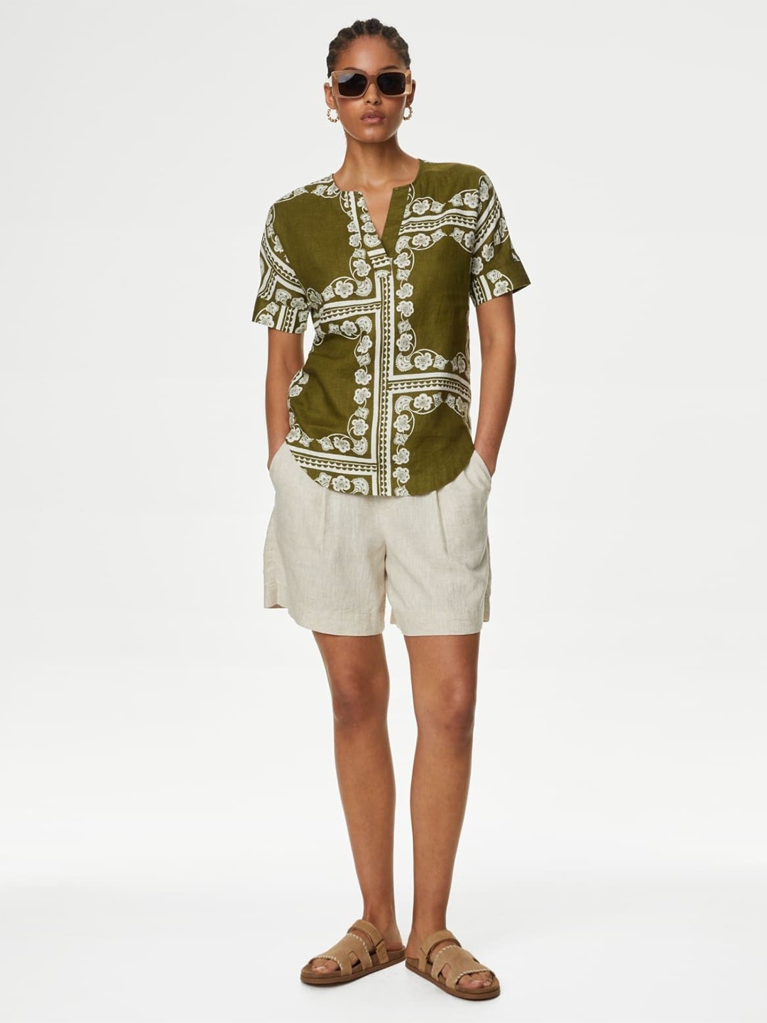 

Marks & Spencer Geometric Print Linen Top, Green
