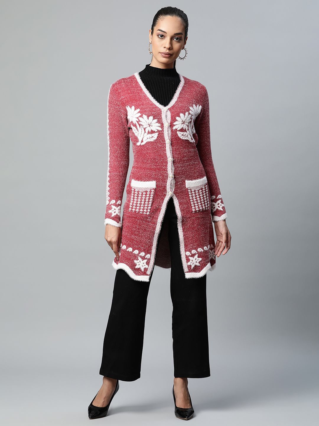 

Global Republic Women Floral Longline Cardigan, Maroon