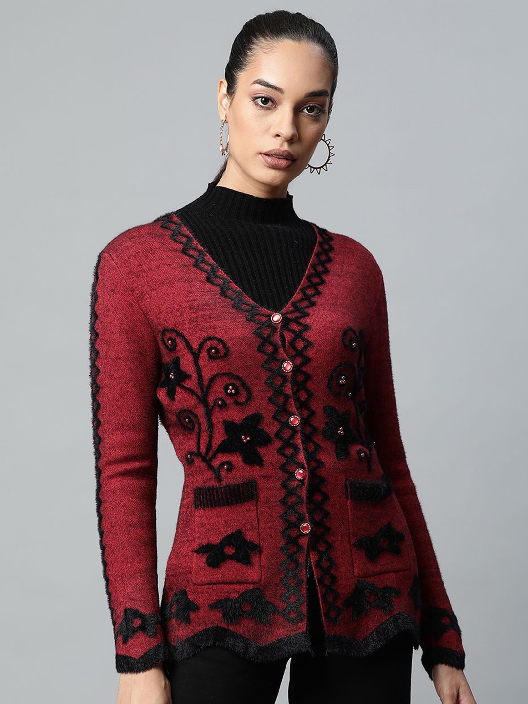 

Global Republic Women Embroidered Cardigan with Embellished Detail, Maroon