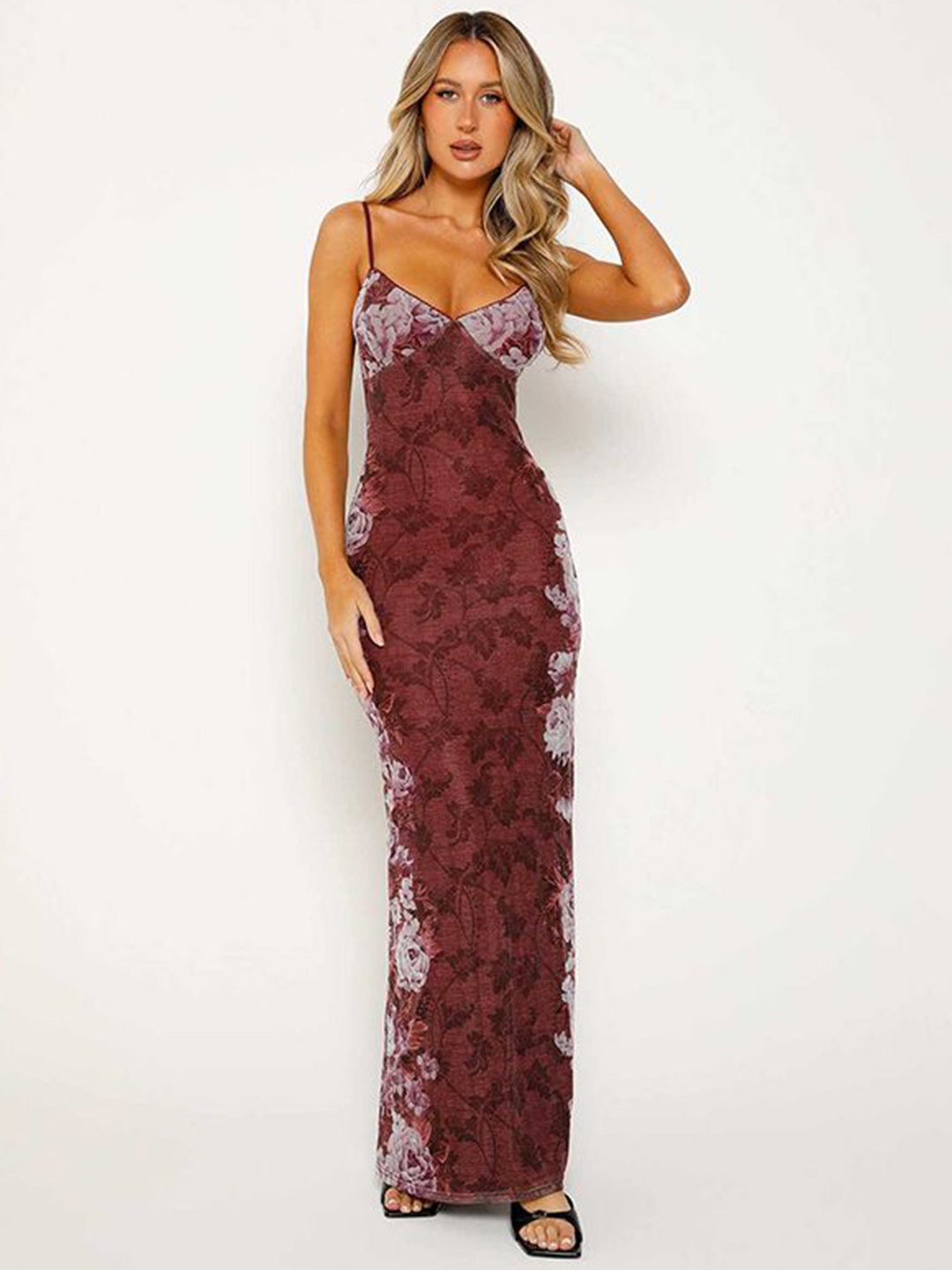 

StyleCast x Revolte Floral Georgette Bodycon Maxi Dress, Maroon
