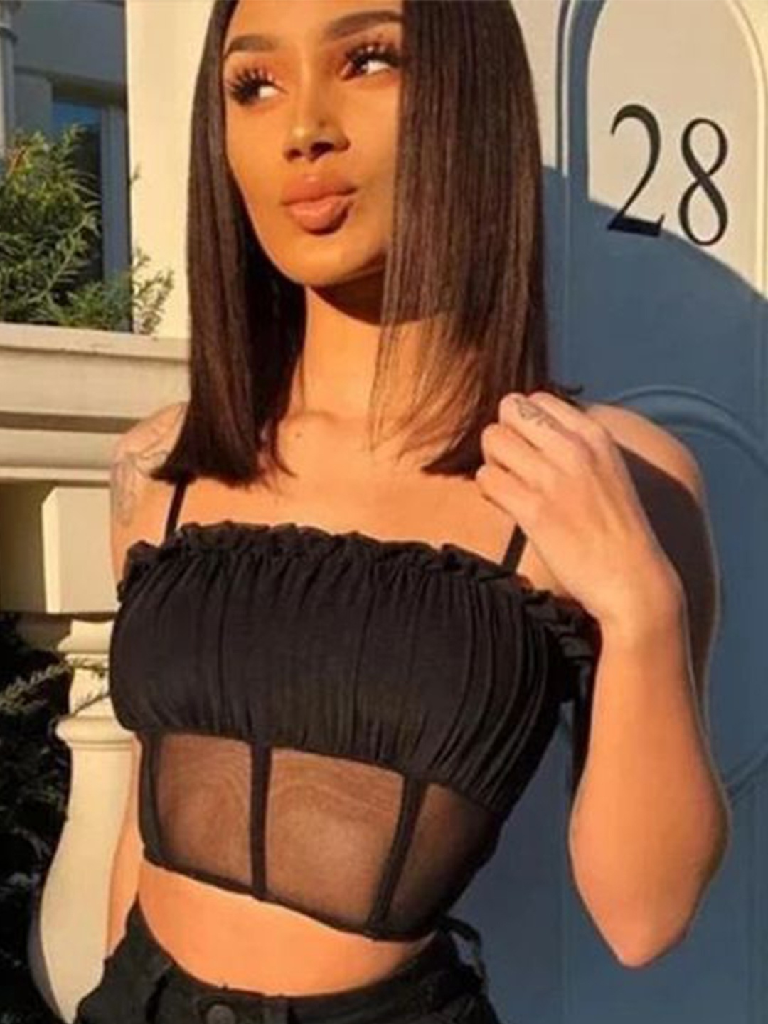 

StyleCast x Revolte Striped Ruffles Net Crop Top, Black