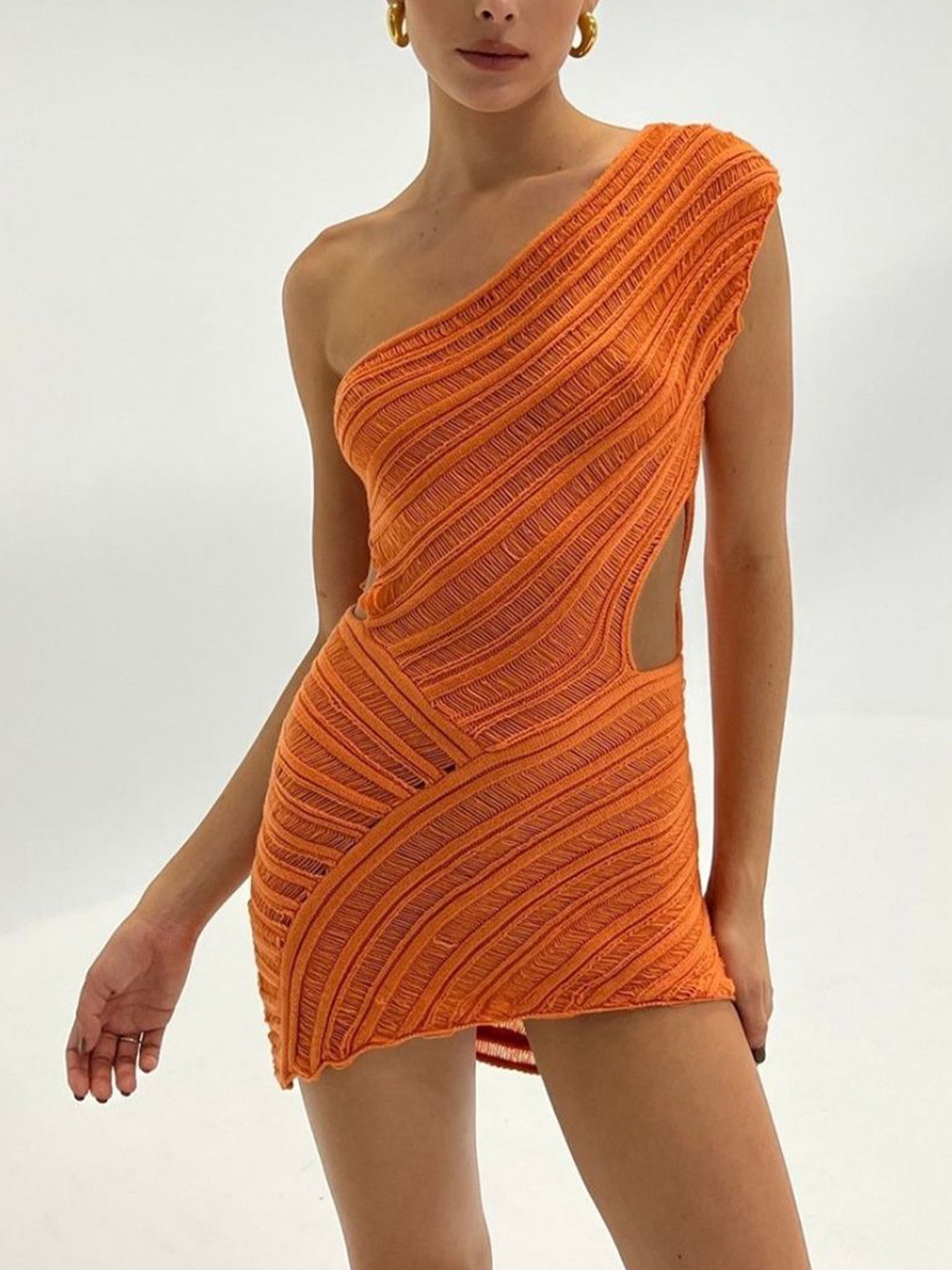 

StyleCast Striped One Shoulder Cut-Outs Details Bodycon Mini Dress, Orange