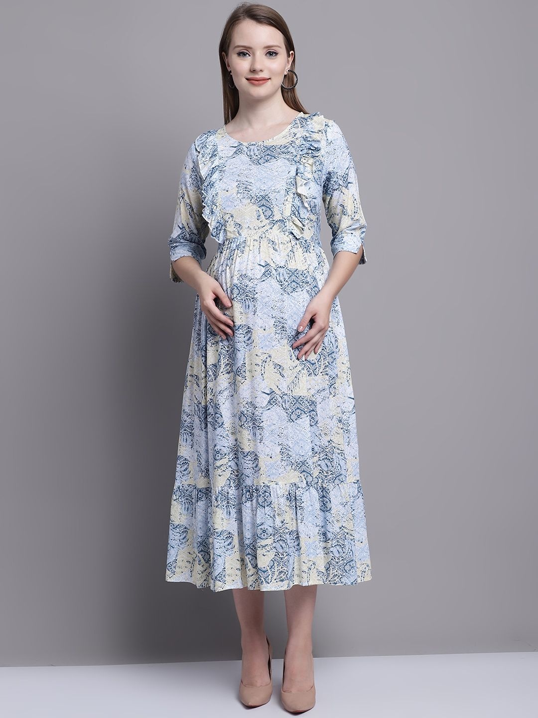 

Feel Clath Women Floral Printed Maternity A-Line Midi Dress, Blue