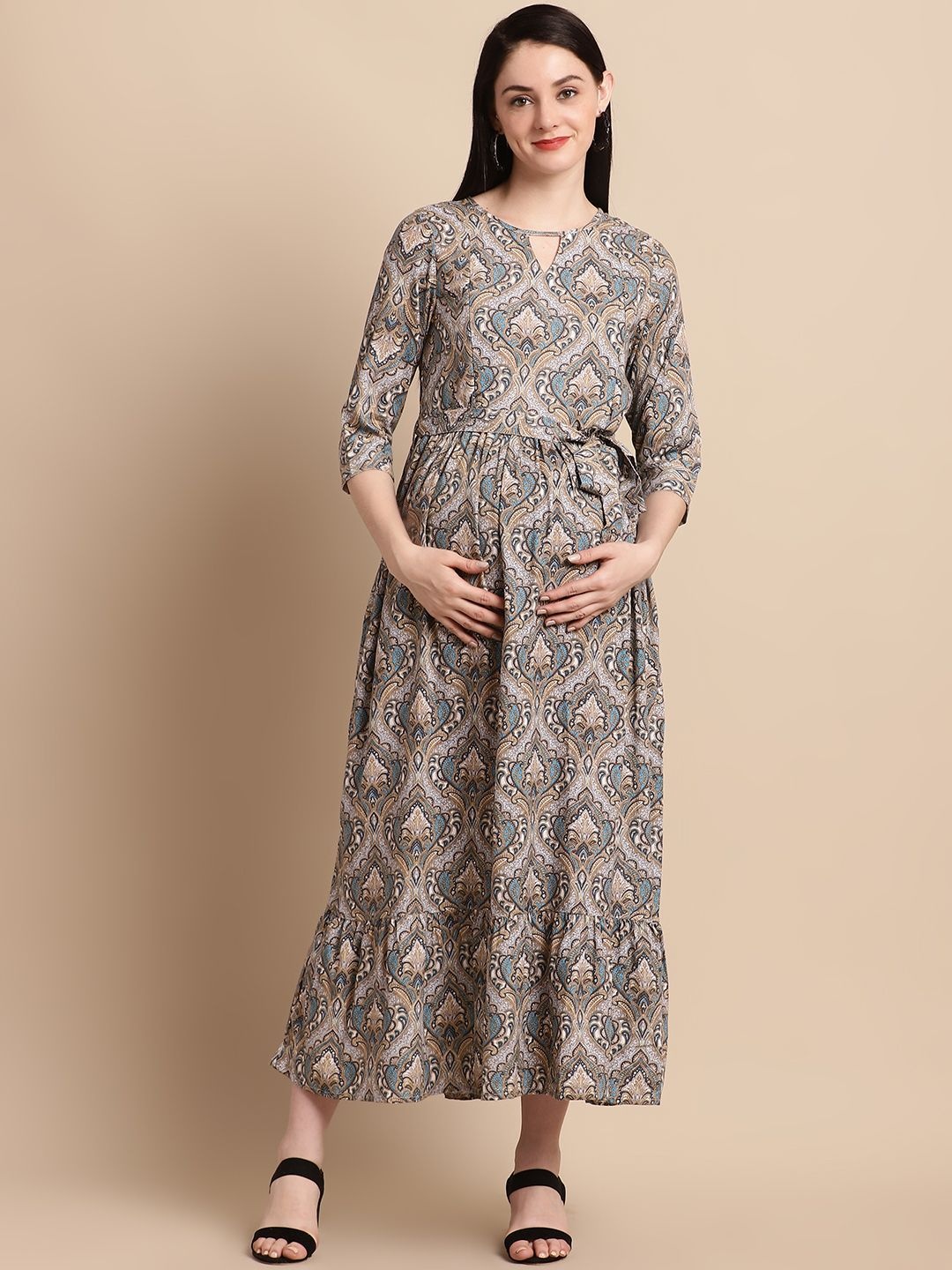 

Feel Clath Ethnic Motifs Printed Maternity Fit & Flare Midi Dress, Brown