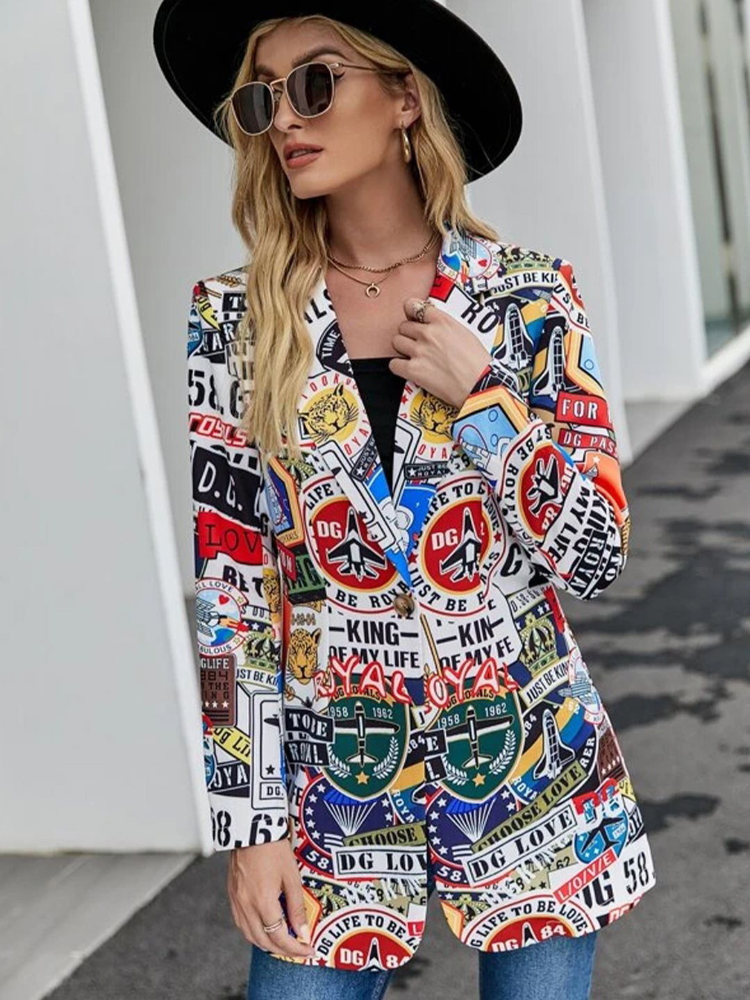 

TANDUL Printed Single Breasted Notched Lapel Blazer, White
