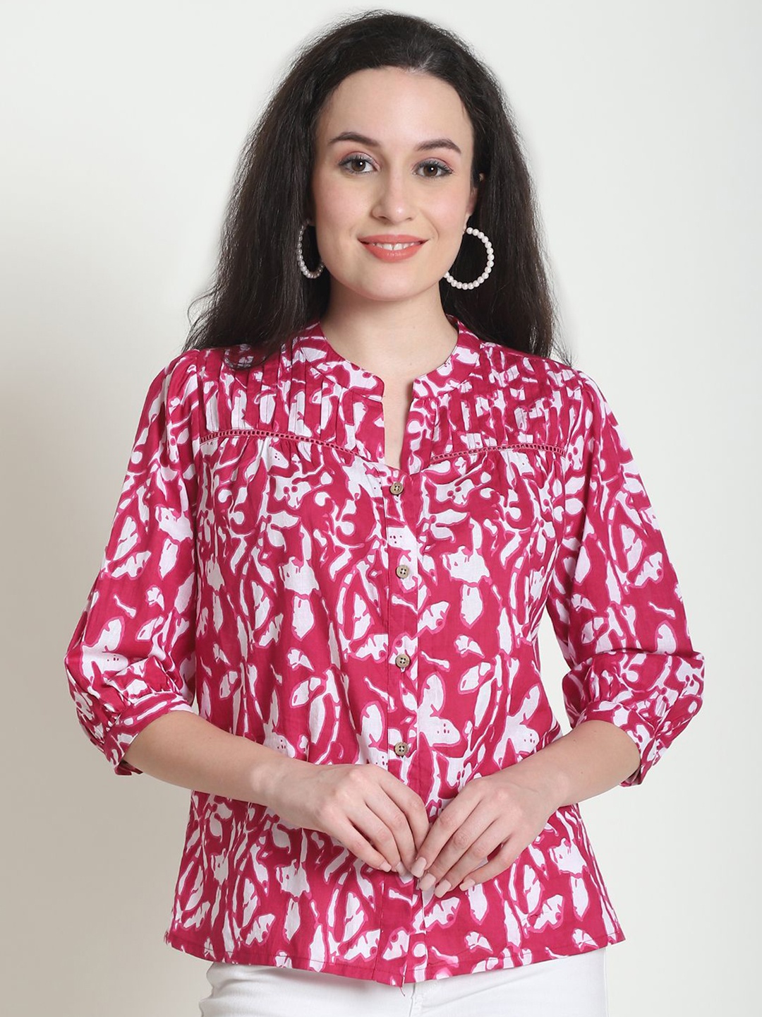 

Feel Clath Print Mandarin Collar Organic Cotton Top, Magenta