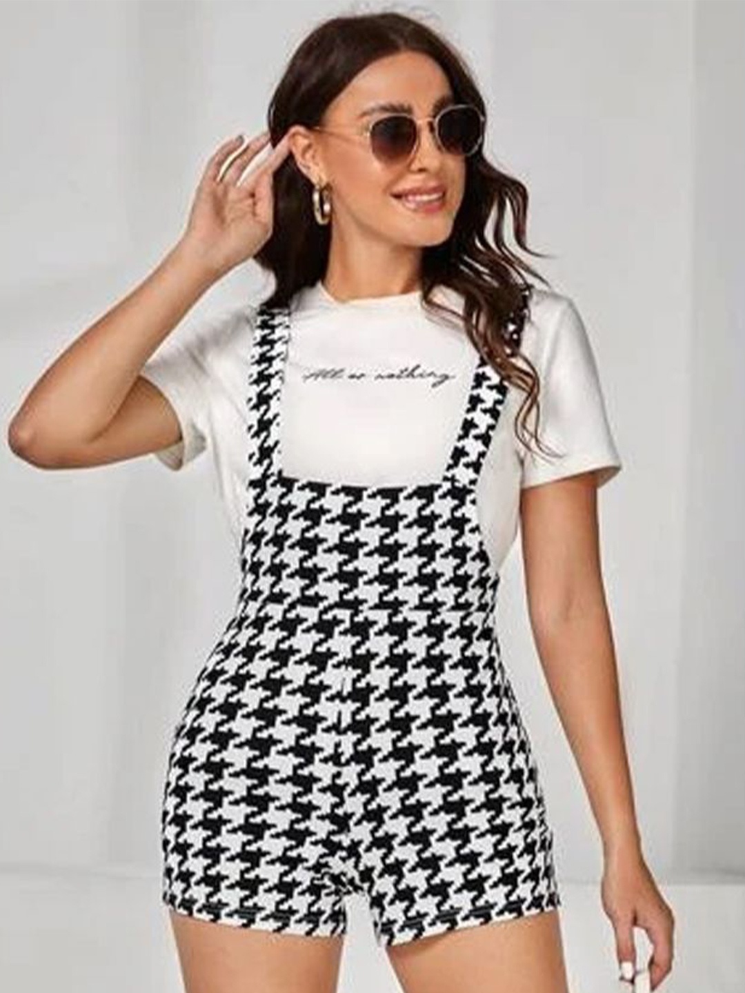 

TANDUL Women Checked Dungaree Set, White