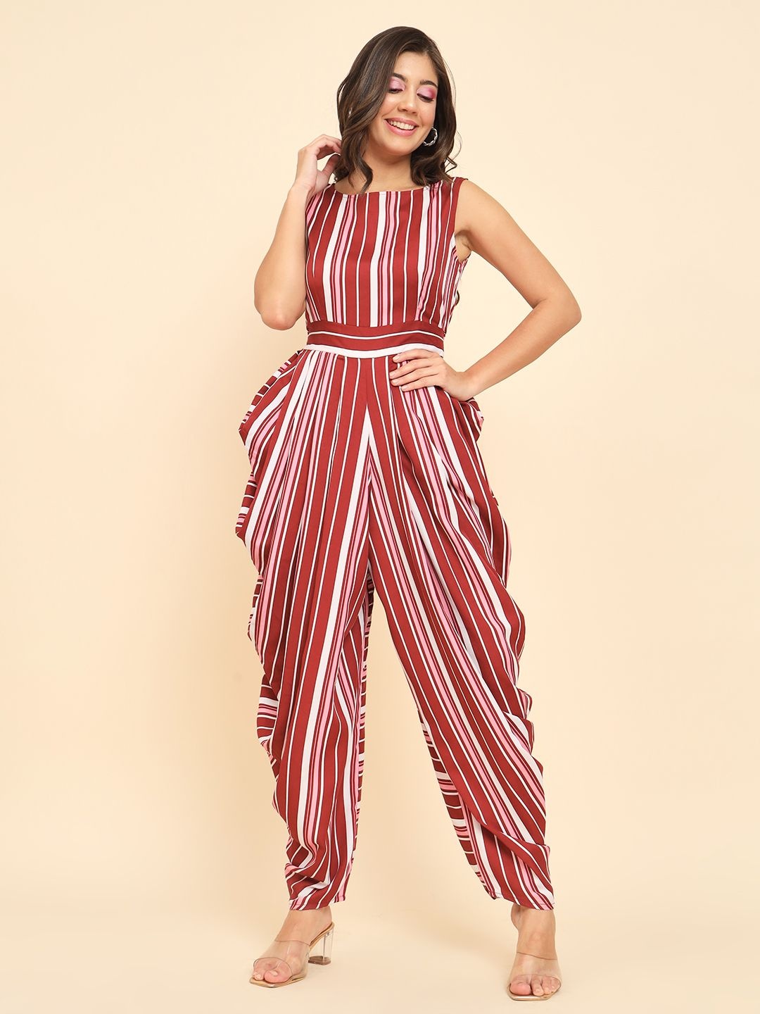 

TANDUL Organic Cotton Striped Basic Jumpsuit, Red