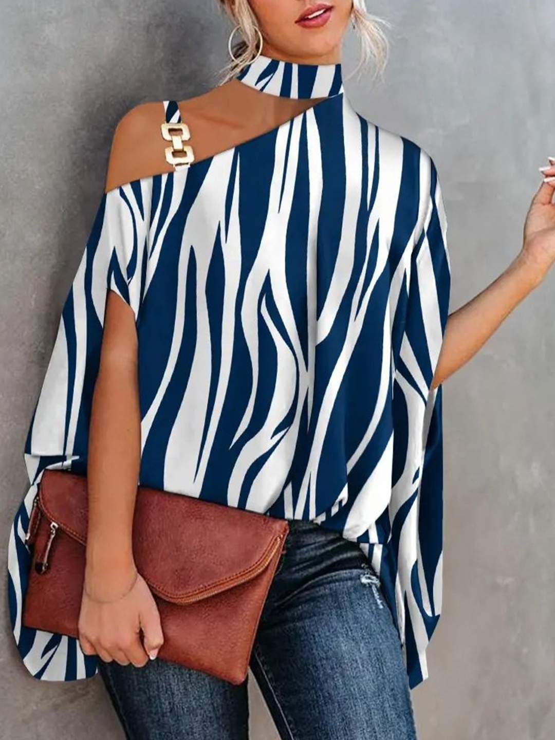 

StyleCast Striped One Shoulder Cape Top, Navy blue