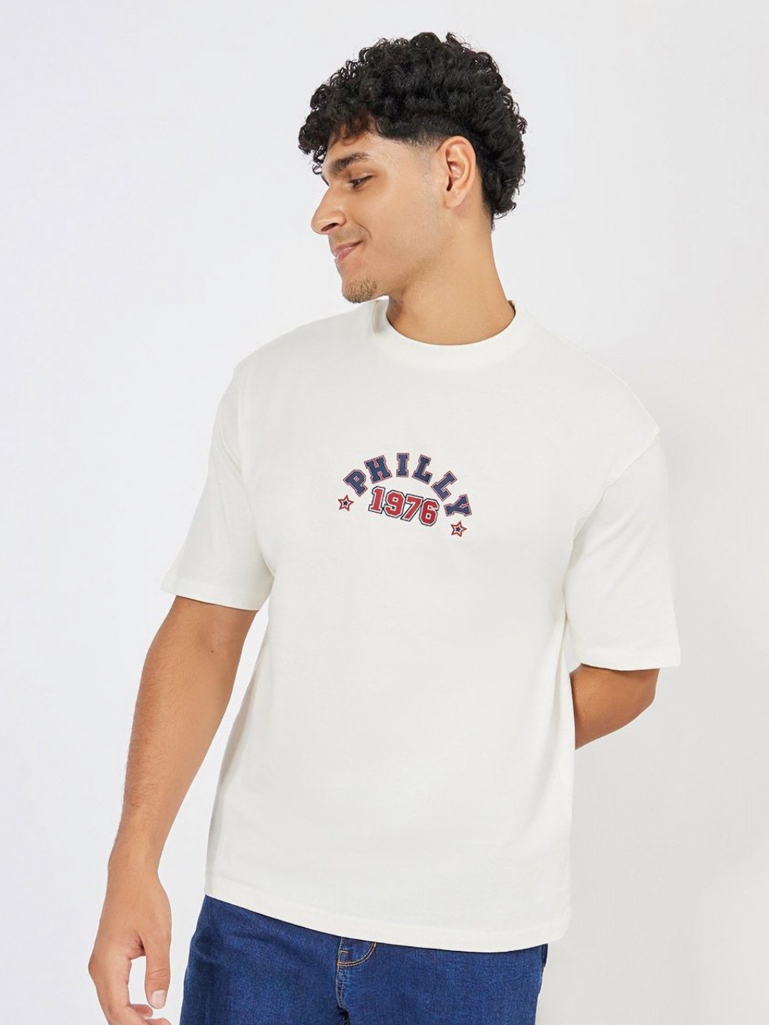 Styli Men Rocky Front And Back Graphic Printed Compact Jersey Oversized T-shirt, Cream