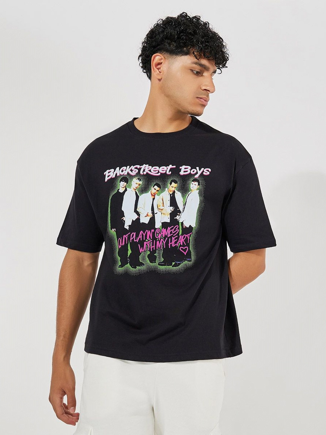 

Styli Men Backstreet Boys Graphic Printed Compact Jersey Cotton Oversized T-shirt, Black