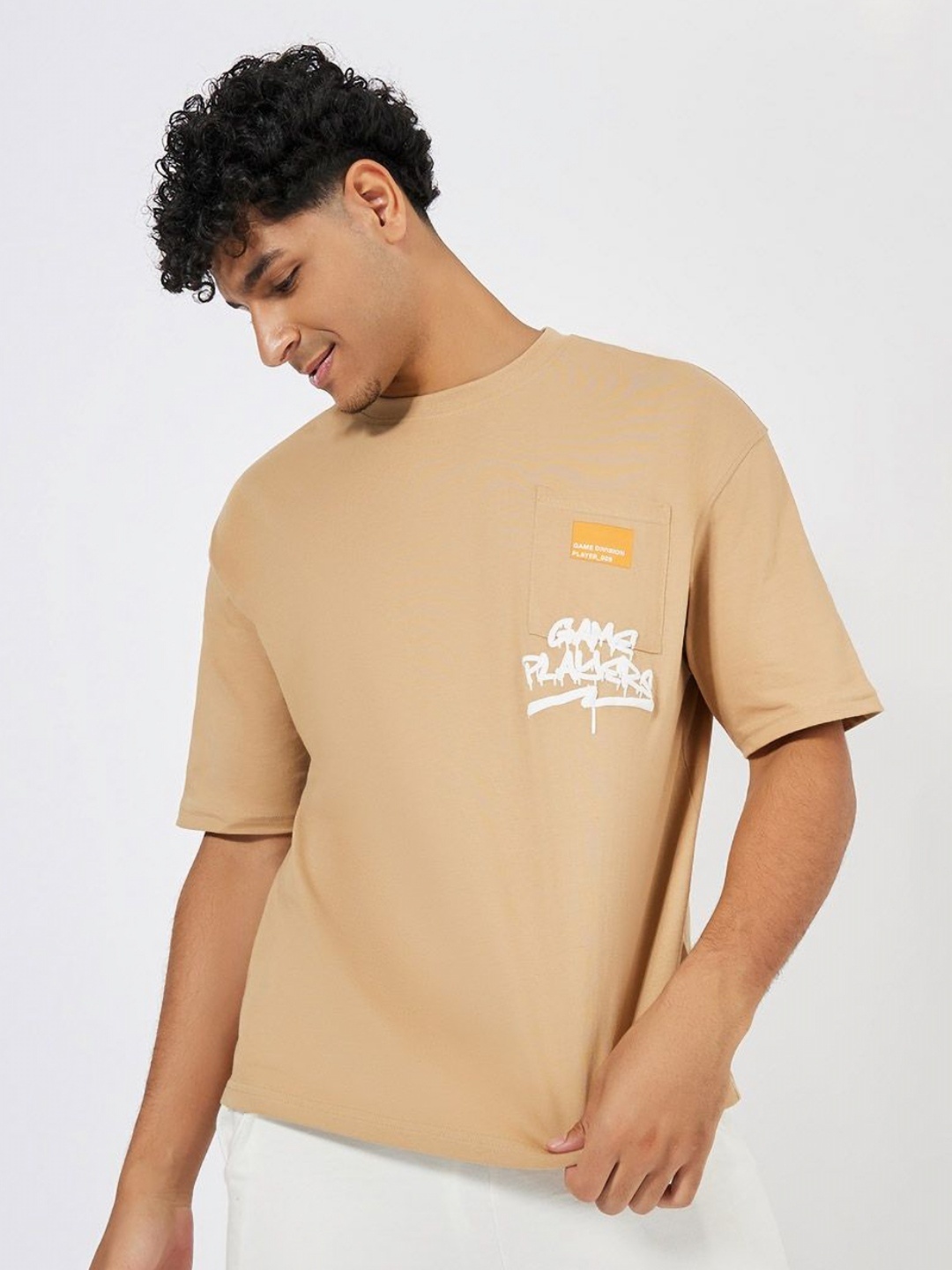 

Styli Men Pure Cotton Puff Printed Oversized T-shirt, Beige