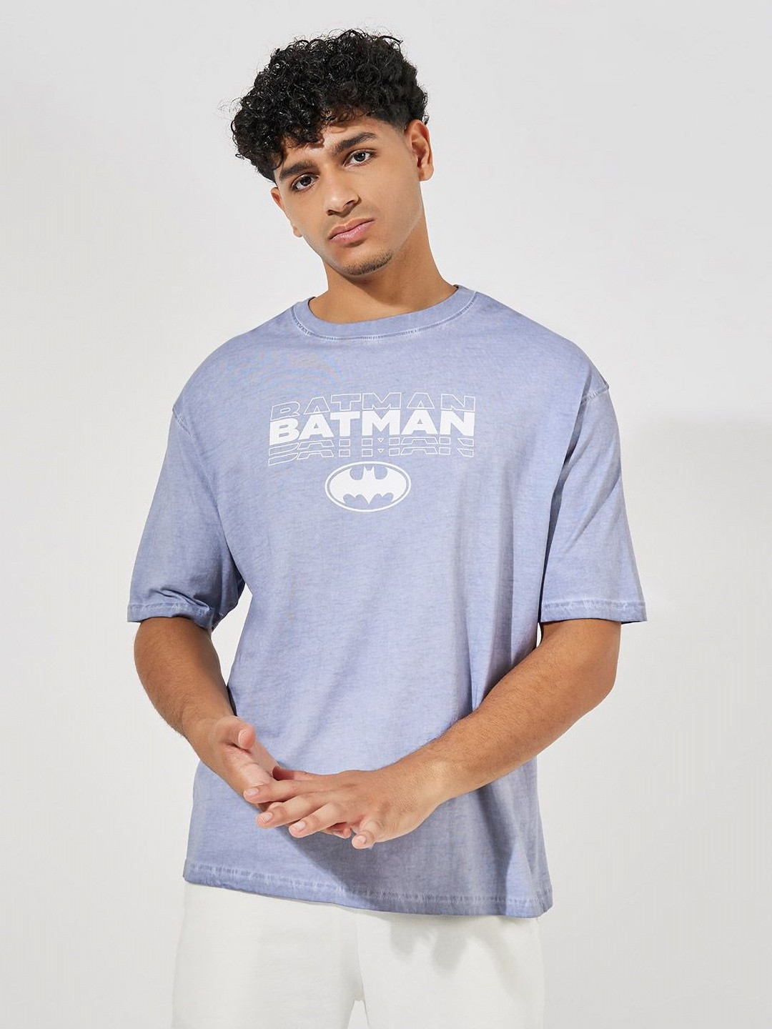 

Styli Men Batman Graphic Printed Compact Jersey Cotton Oversized T-shirt, Lavender