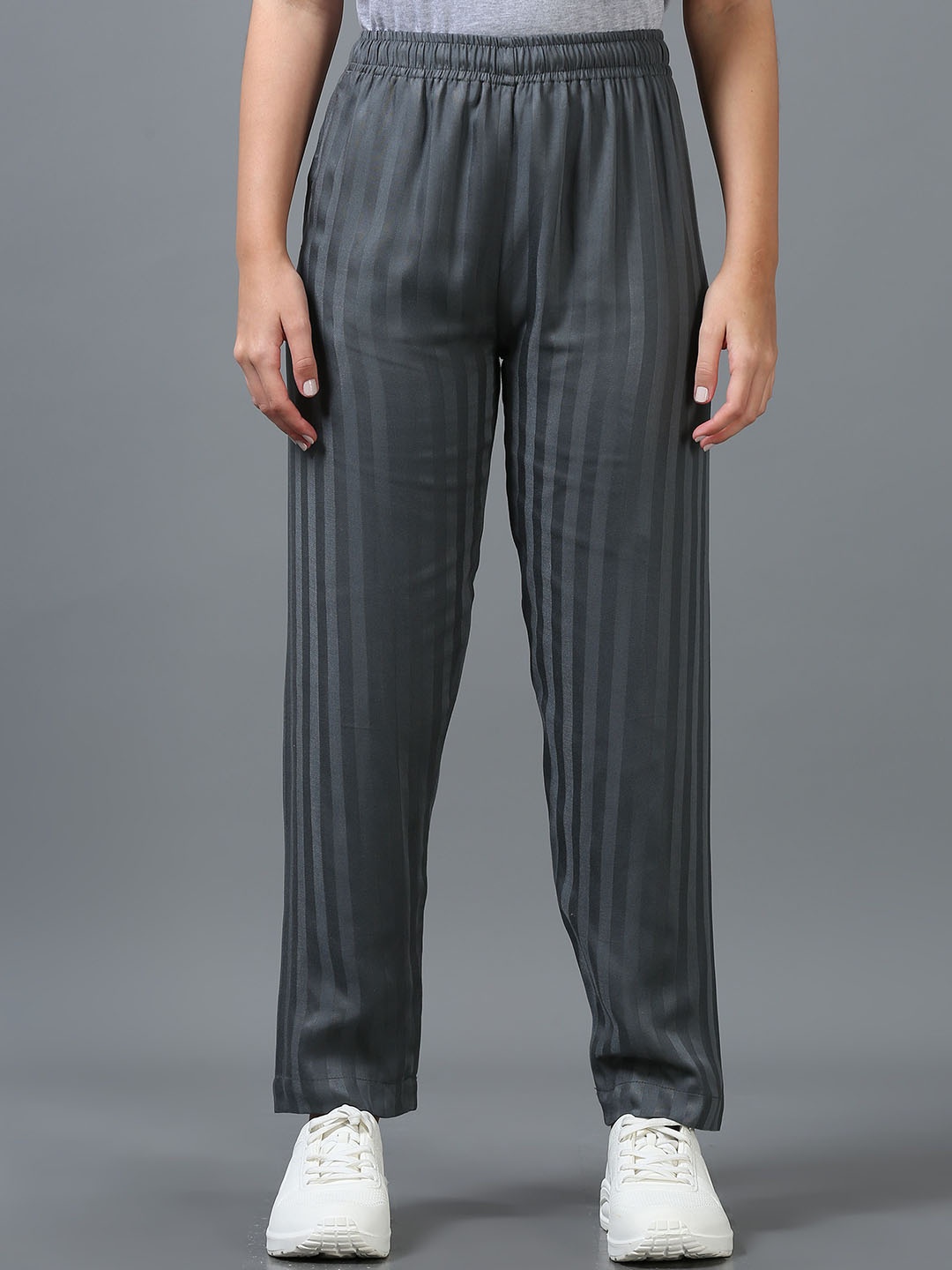 

Bottums Women Striped Relaxed Straight Leg Straight Fit Trousers, Grey