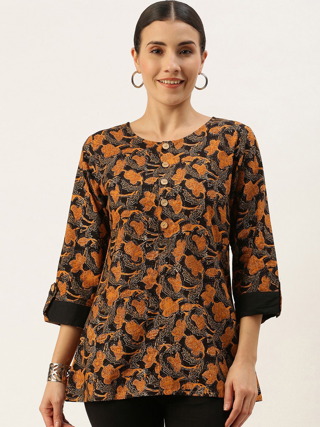 

Saanjh Floral Print Cotton Top, Black