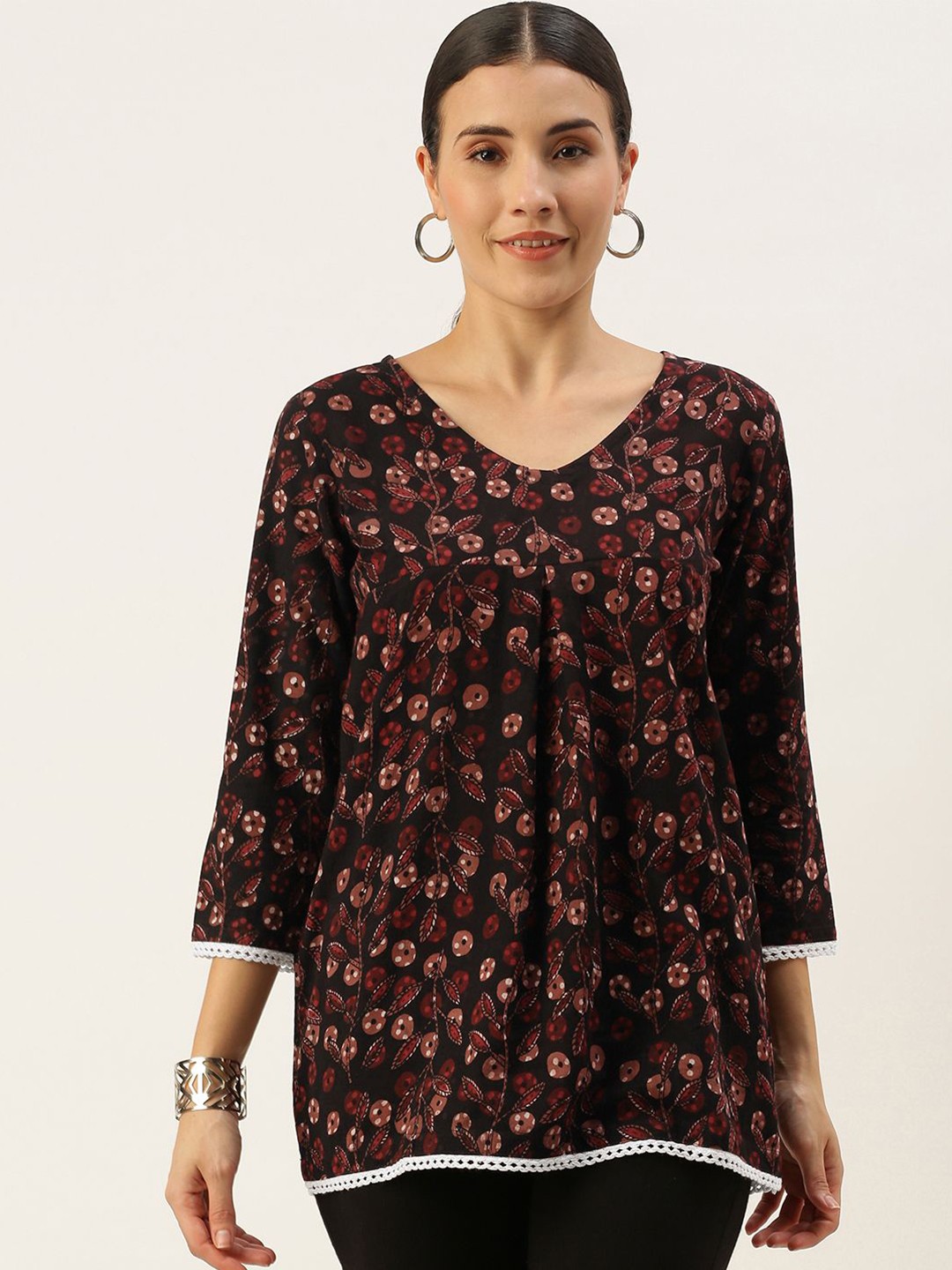 

Saanjh Floral Print Cotton Top, Brown