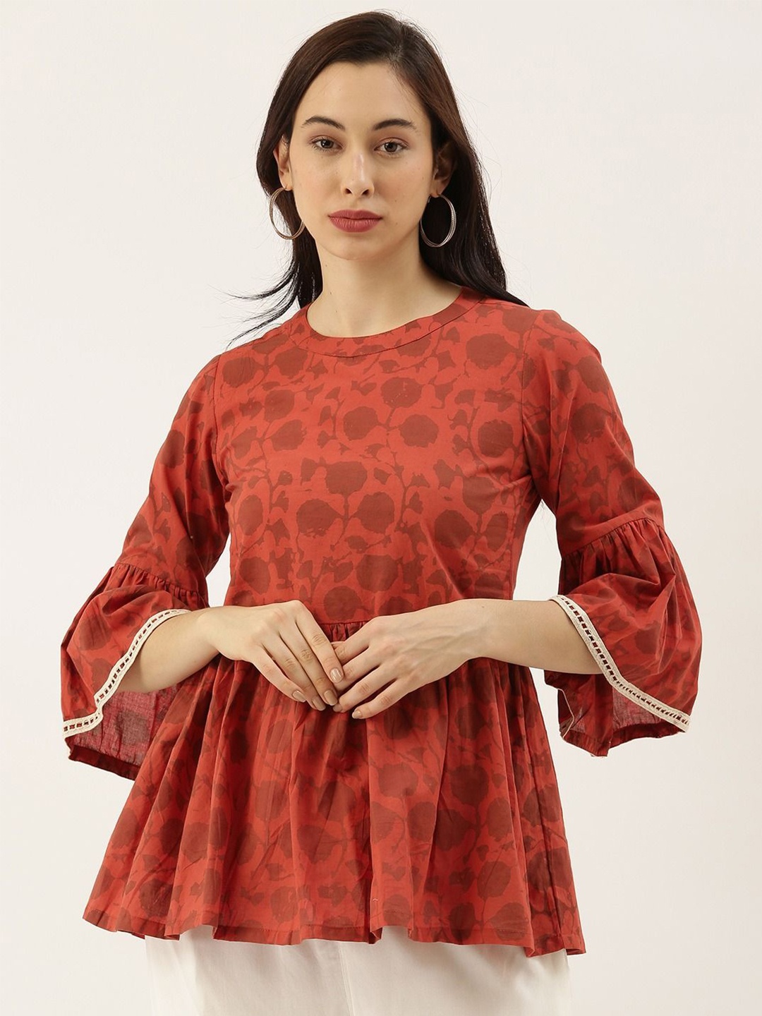 

Saanjh Print Bell Sleeve Cotton Top, Rust