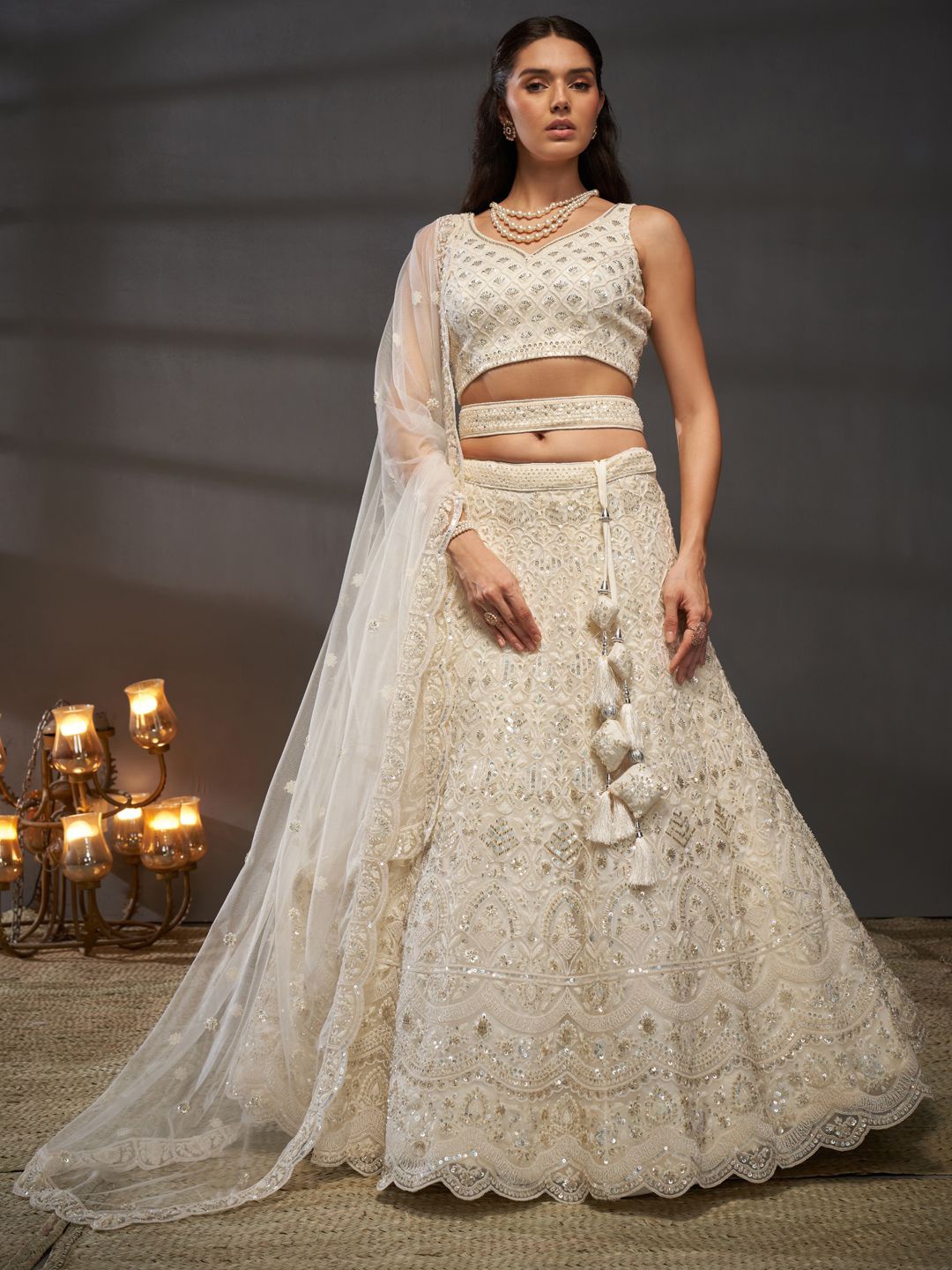 

panchhi Embroidered Sequinned Net Semi Stitched Lehenga & Unstitched Blouse With Dupatta, Cream