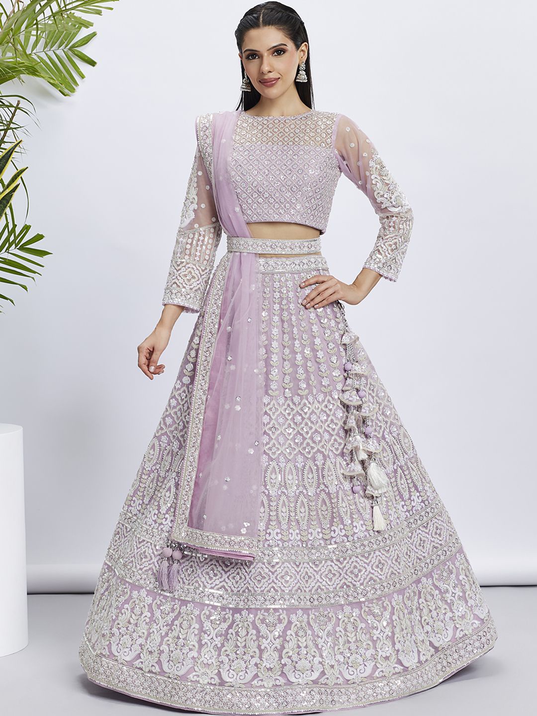 

panchhi Embroidered Sequinned Net Semi Stitched Lehenga & Unstitched Blouse With Dupatta, Lavender