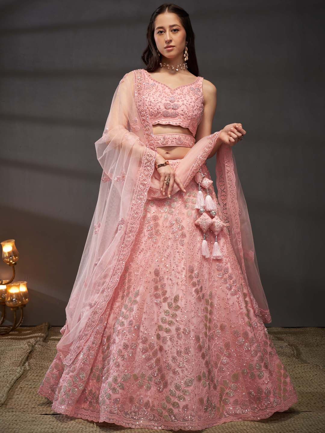

panchhi Embroidered Sequinned Net Semi-Stitched Lehenga & Unstitched Blouse With Dupatta, Pink