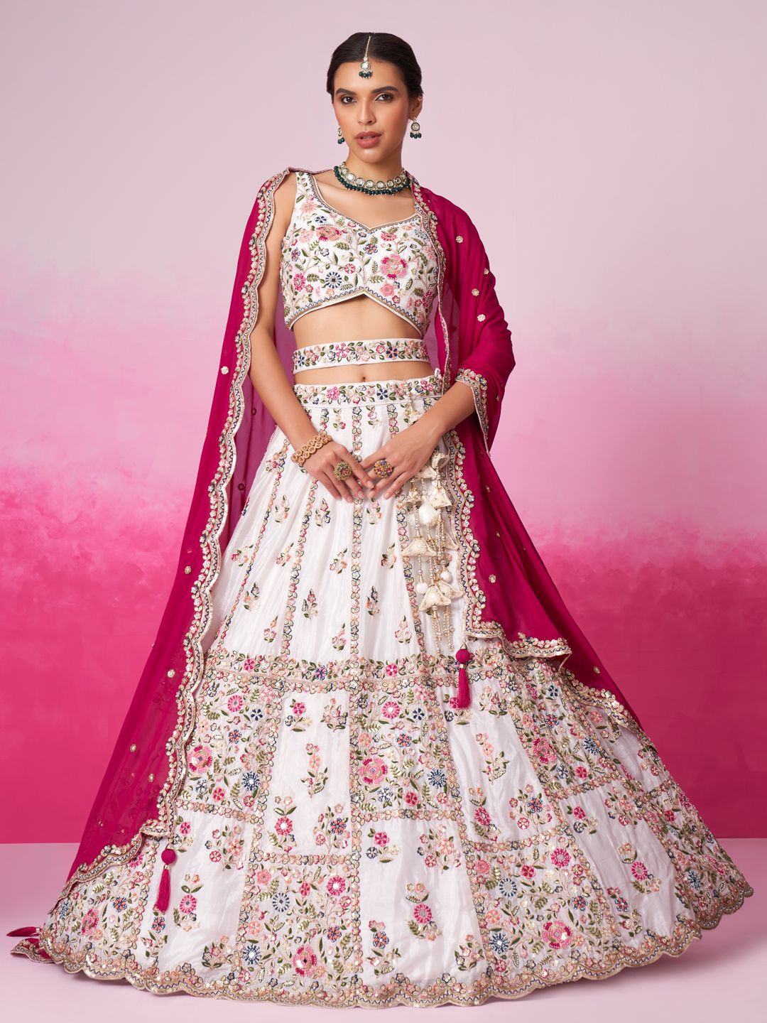 

panchhi Embroidered Sequinned Semi-Stitched Lehenga & Unstitched Blouse With Dupatta, Cream