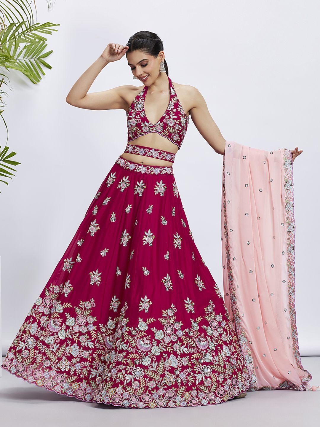 

panchhi Embroidered Sequinned Semi-Stitched Lehenga & Unstitched Blouse With Dupatta, Rose