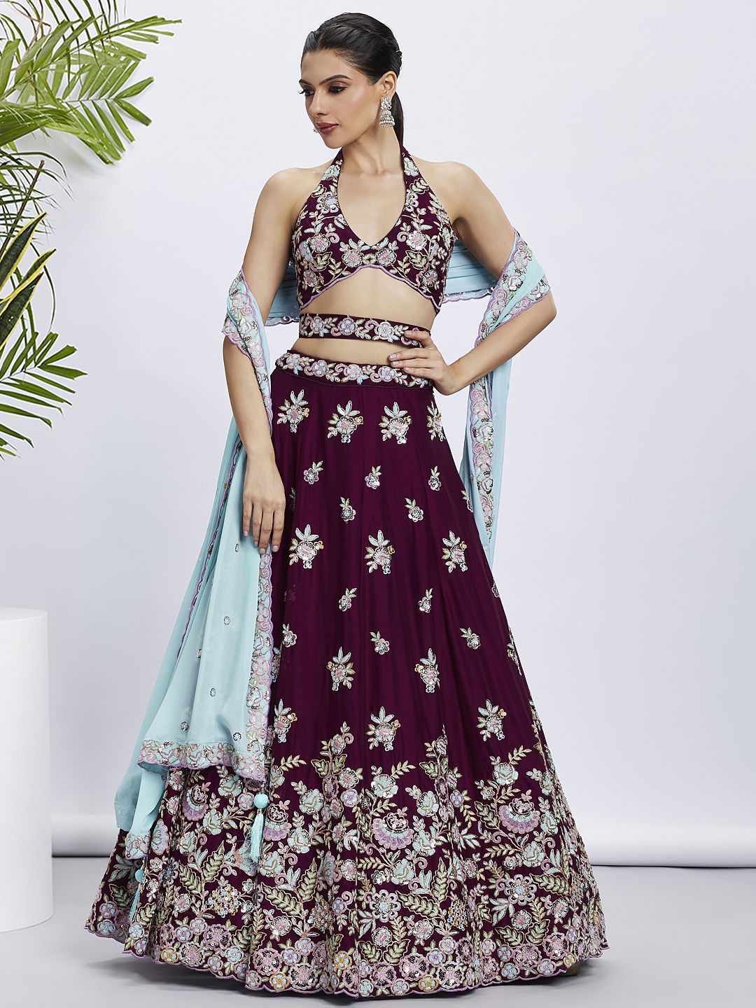 

panchhi Embroidered Sequinned Semi-Stitched Lehenga & Unstitched Blouse With Dupatta, Burgundy