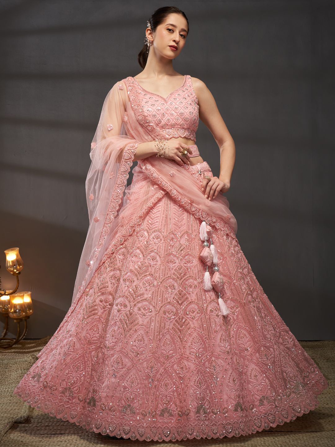 

panchhi Embroidered Sequinned Net Semi-Stitched Lehenga & Unstitched Blouse With Dupatta, Pink