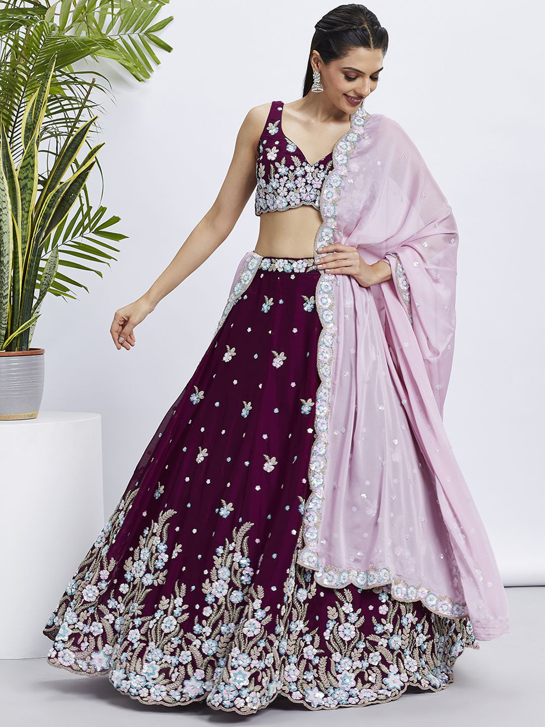 

panchhi Embroidered Sequinned Semi-Stitched Lehenga & Unstitched Blouse With Dupatta, Burgundy