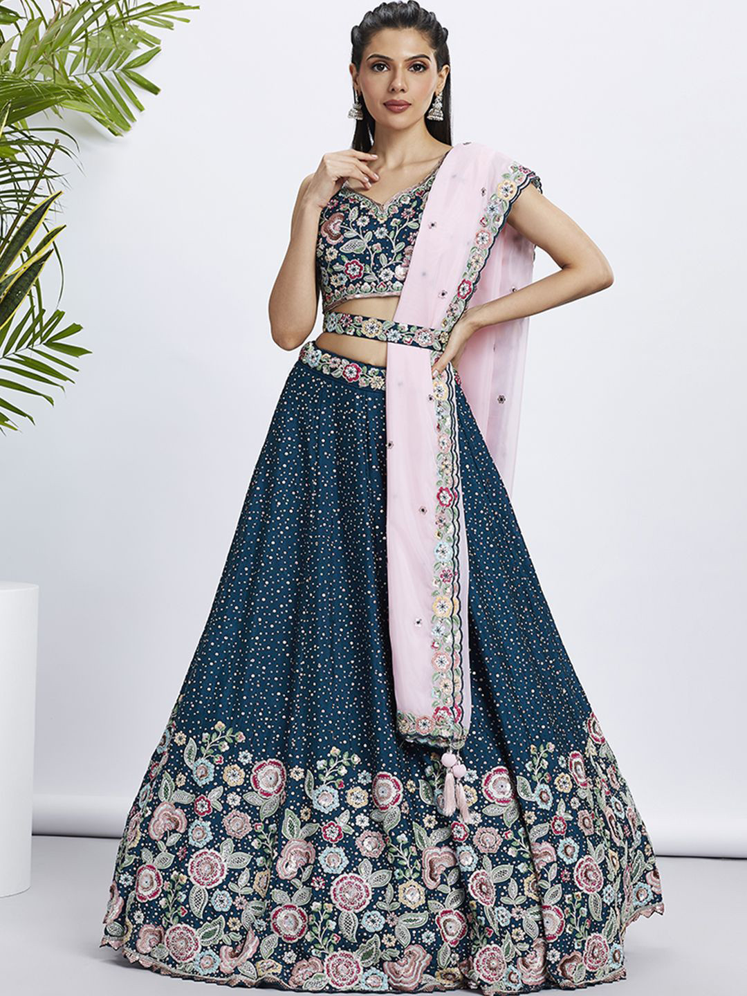 

panchhi Embroidered Sequinned Semi-Stitched Lehenga & Unstitched Blouse With Dupatta, Navy blue