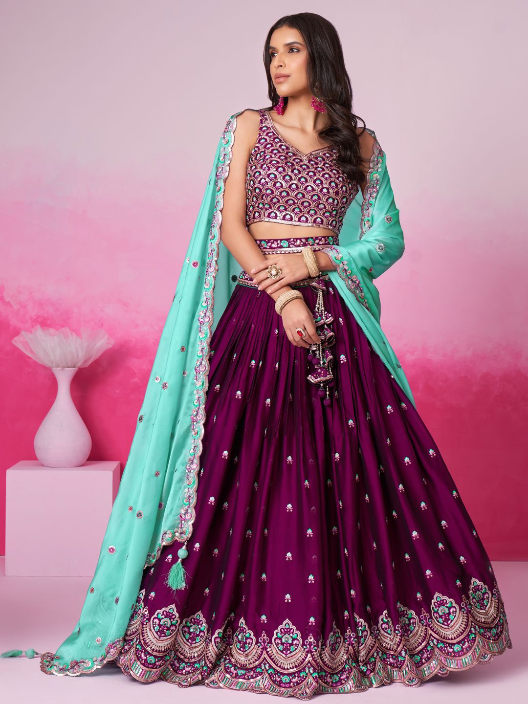 

panchhi Embroidered Sequinned Semi-Stitched Lehenga & Unstitched Blouse With Dupatta, Burgundy