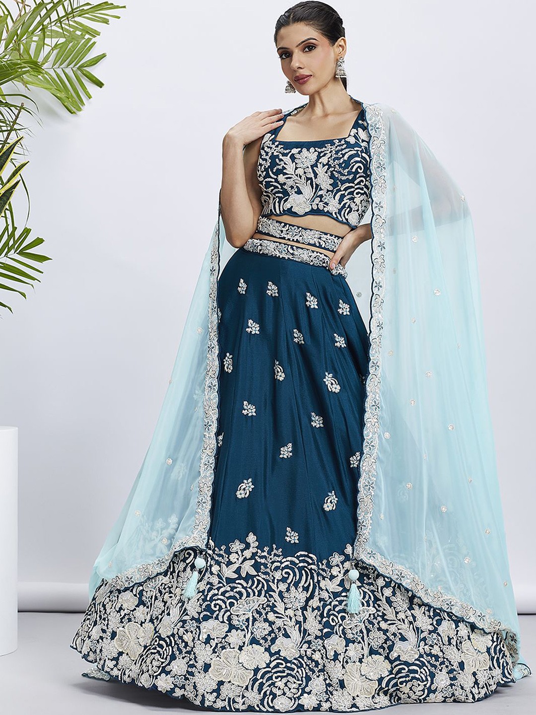 

panchhi Embroidered Sequinned Semi-Stitched Lehenga & Unstitched Blouse With Dupatta, Teal
