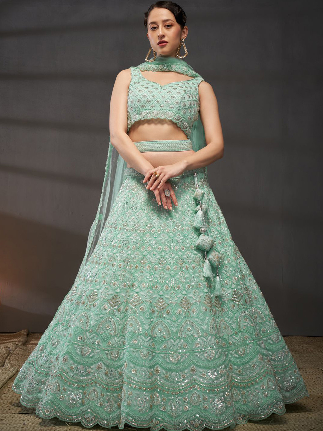 

panchhi Embroidered Sequinned Net Semi Stitched Lehenga & Unstitched Blouse With Dupatta, Turquoise blue