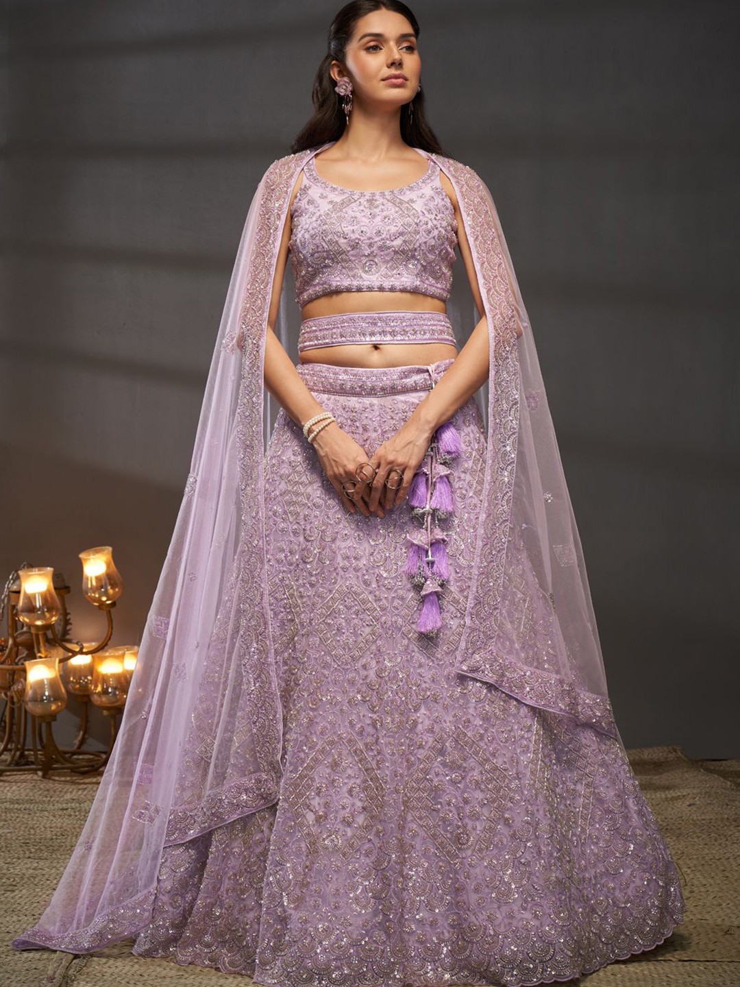 

panchhi Embroidered Sequinned Semi-Stitched Lehenga & Unstitched Blouse With Dupatta, Lavender